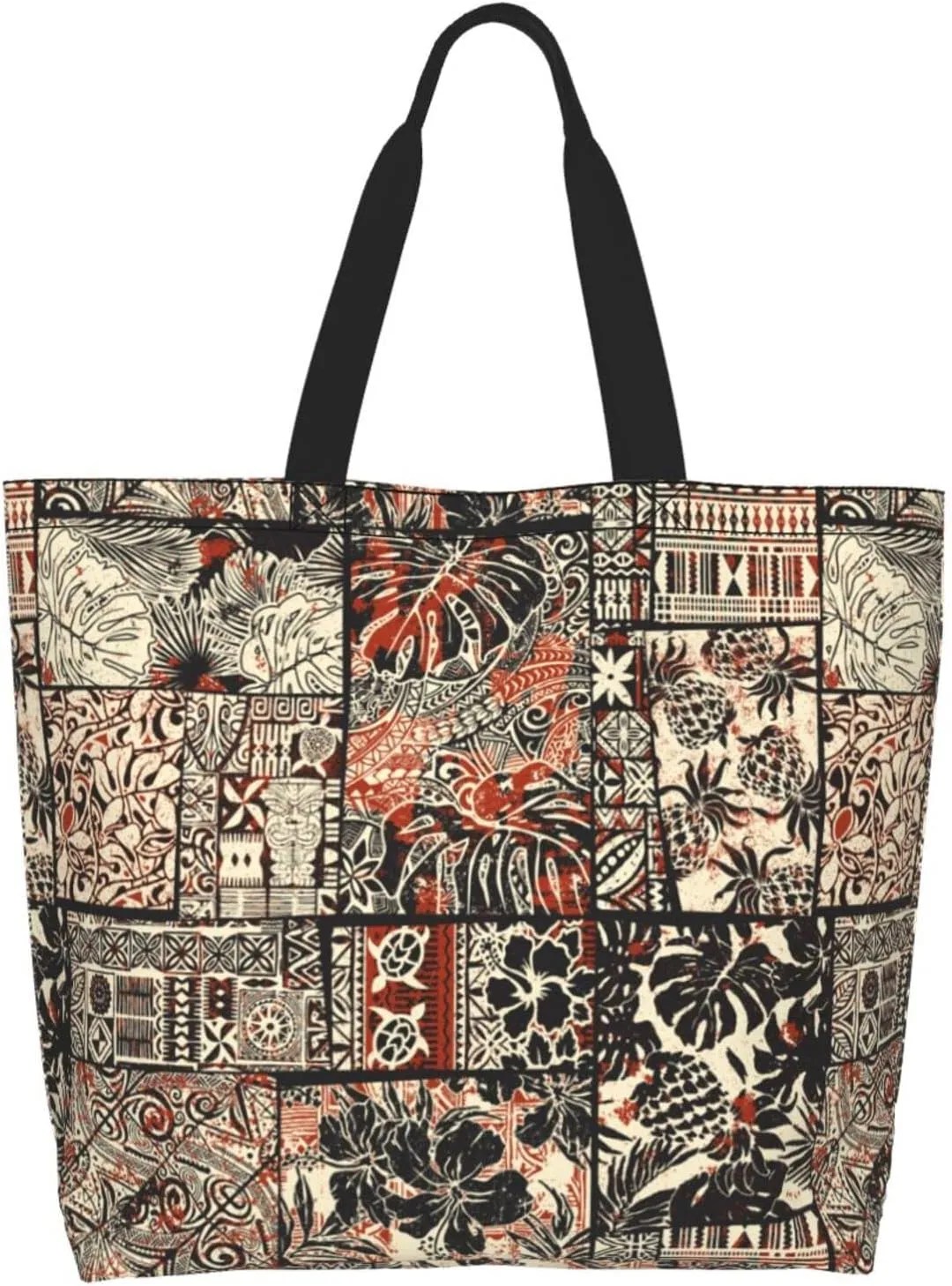ASYG Hawaiian Flower Tote Shoulder Bag Tribe Pattern Grocery Bags Storage Handle Shopping Bag