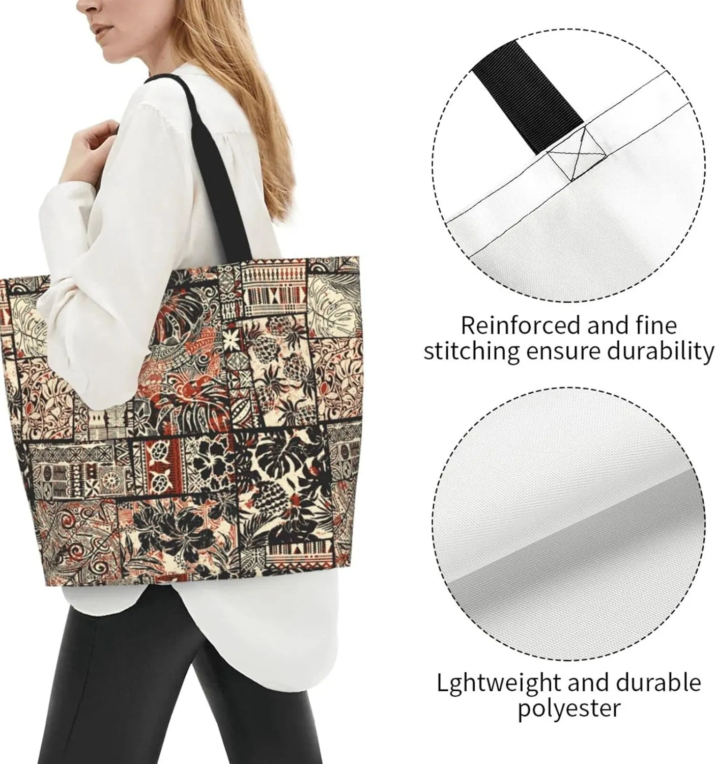 ASYG Hawaiian Flower Tote Shoulder Bag Tribe Pattern Grocery Bags Storage Handle Shopping Bag