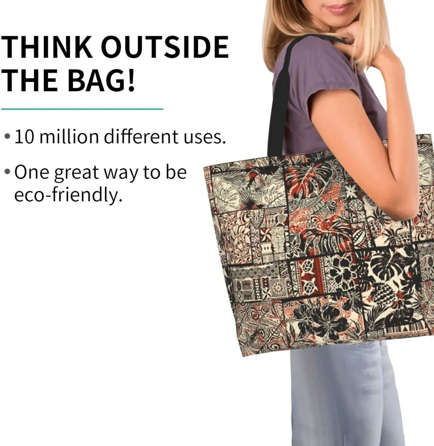 ASYG Hawaiian Flower Tote Shoulder Bag Tribe Pattern Grocery Bags Storage Handle Shopping Bag