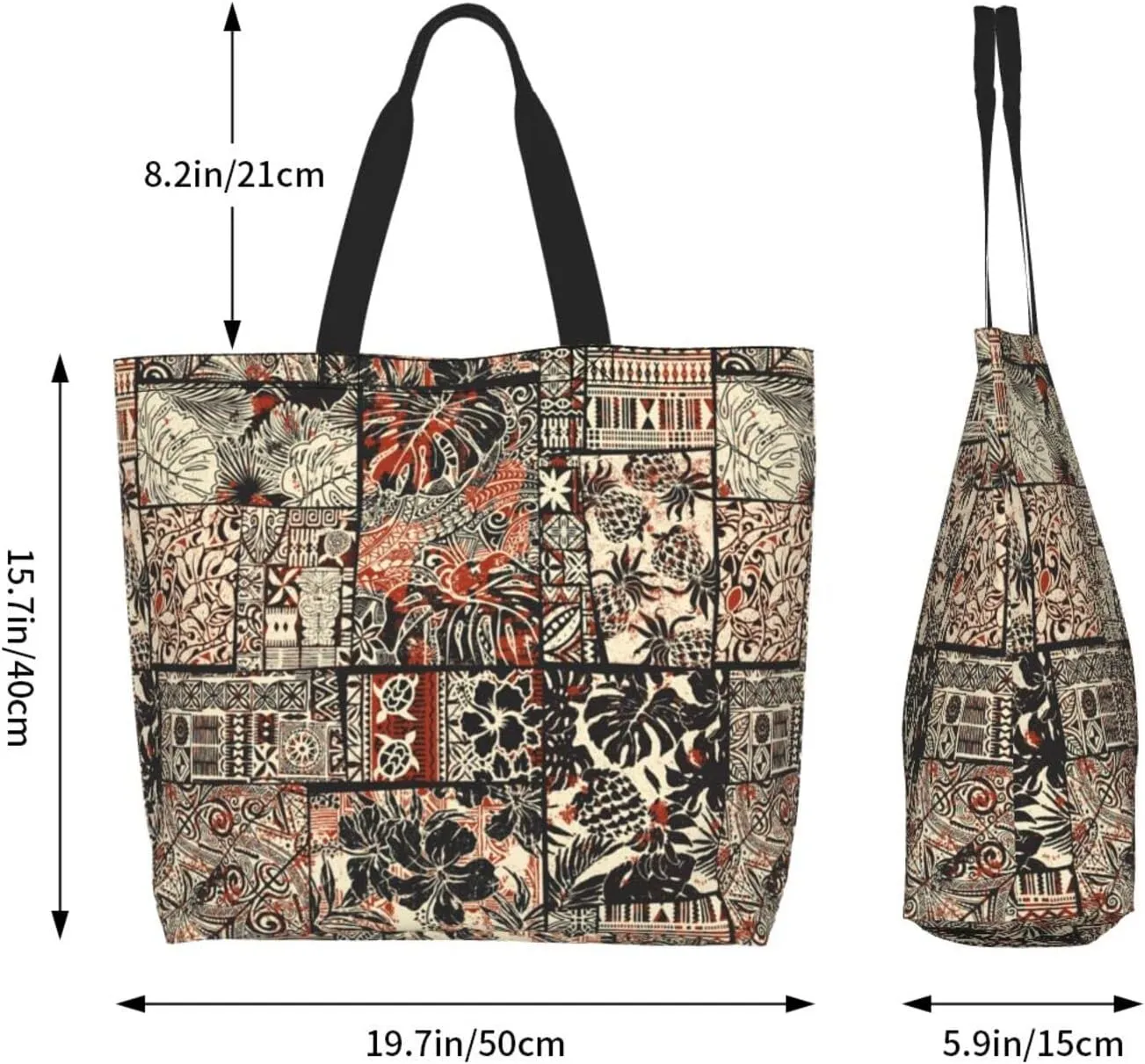 ASYG Hawaiian Flower Tote Shoulder Bag Tribe Pattern Grocery Bags Storage Handle Shopping Bag