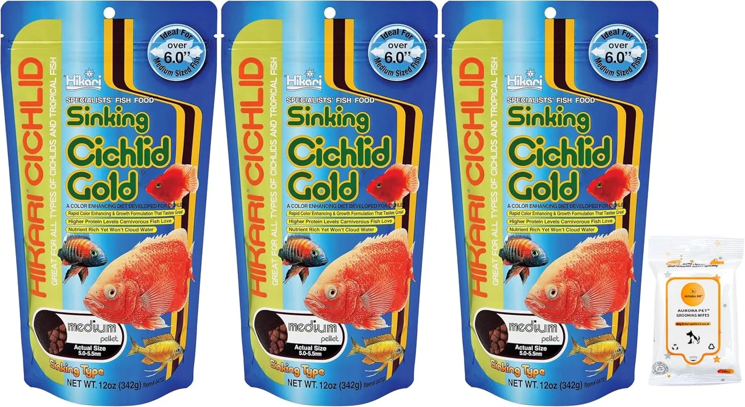 Aurora Pet Bundle (3) Hikari Cichlid Gold Sinking Medium Fish Food (12-oz Each) with AuroraPet Wipes