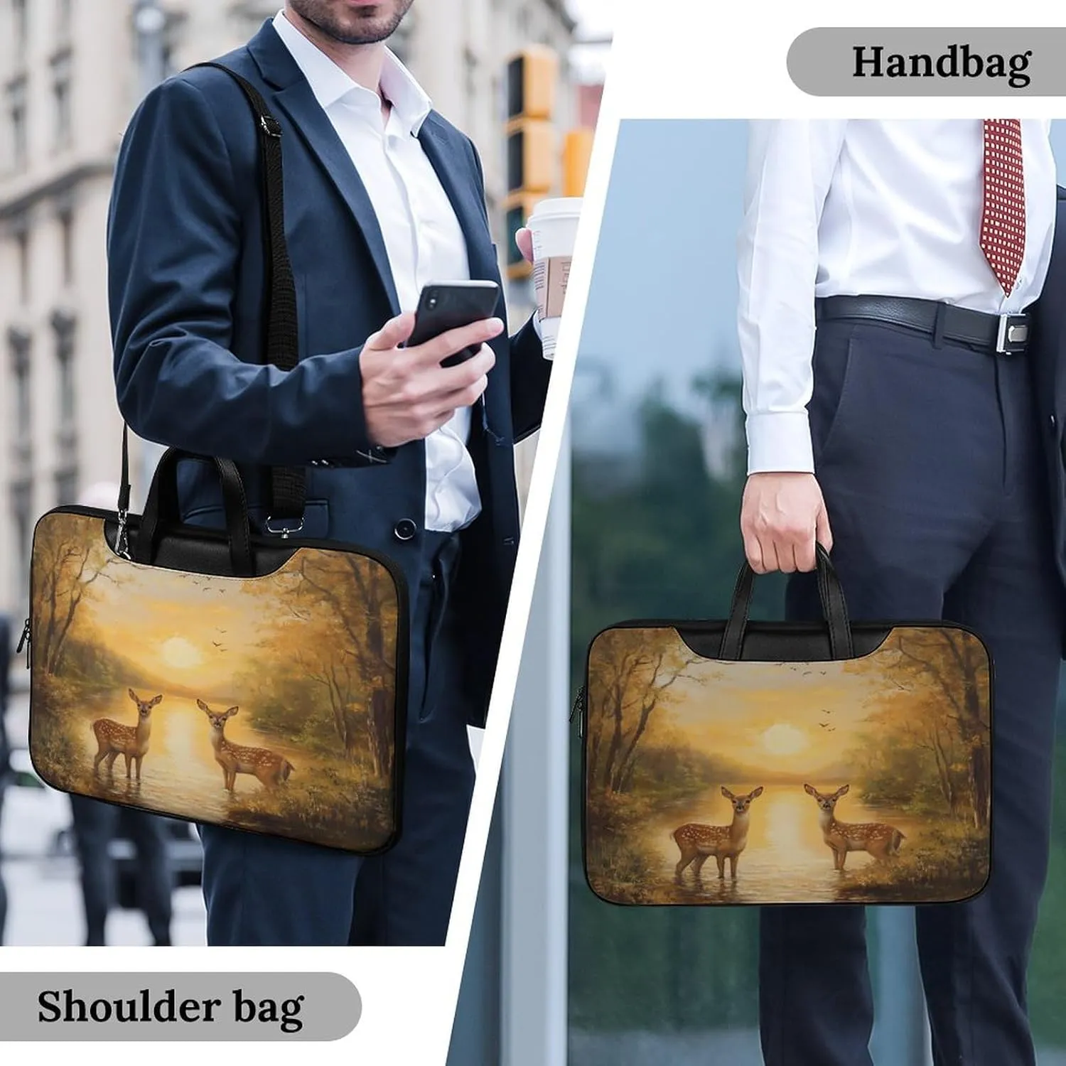 Autumn Deers at Sunset by The Lake Leather Laptop Case Computer Sleeve Bag with Zippered Tote for Men Women