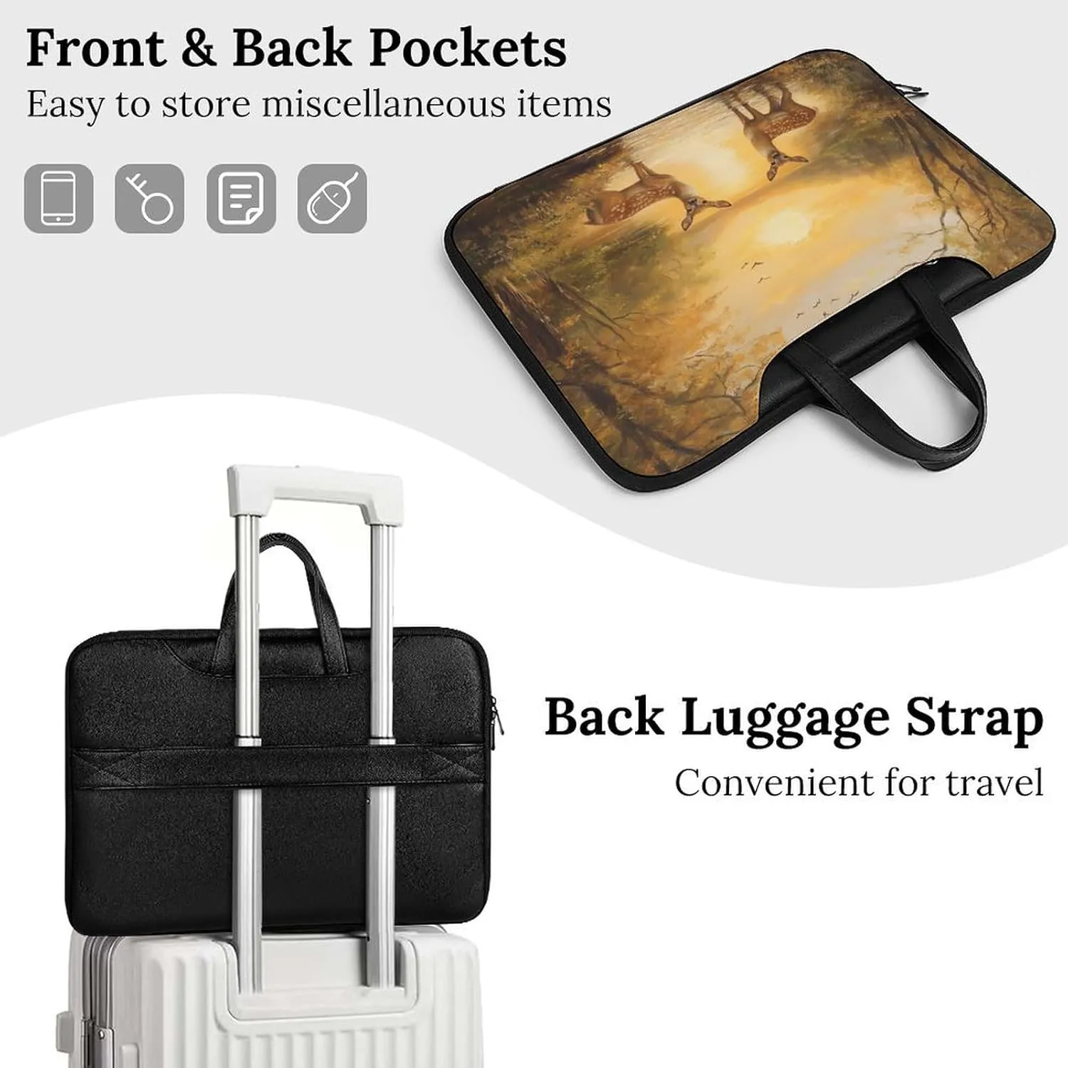 Autumn Deers at Sunset by The Lake Leather Laptop Case Computer Sleeve Bag with Zippered Tote for Men Women