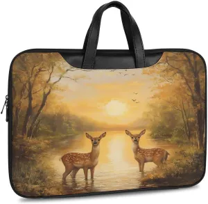Autumn Deers at Sunset by The Lake Leather Laptop Case Computer Sleeve Bag with Zippered Tote for Men Women