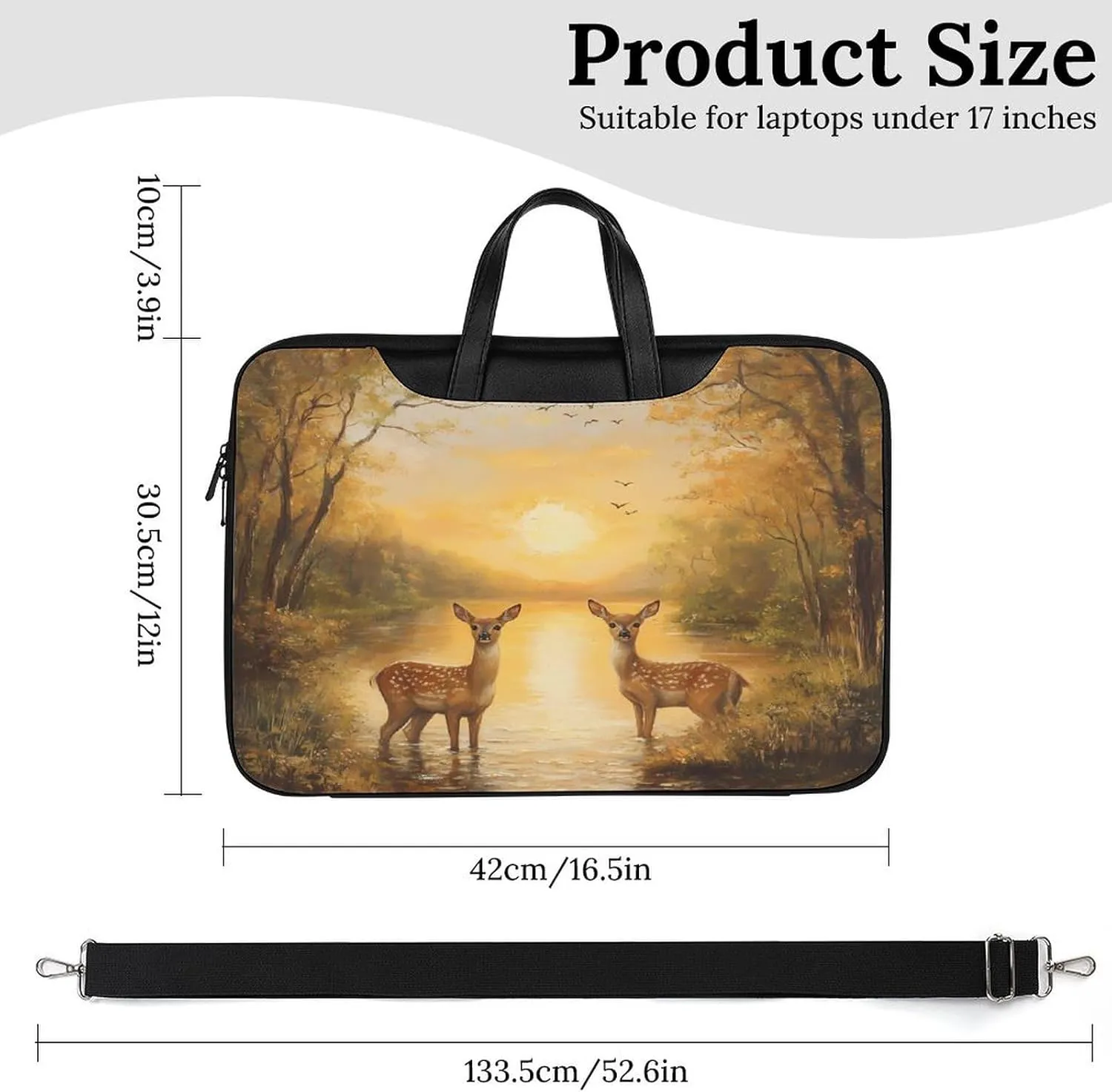 Autumn Deers at Sunset by The Lake Leather Laptop Case Computer Sleeve Bag with Zippered Tote for Men Women