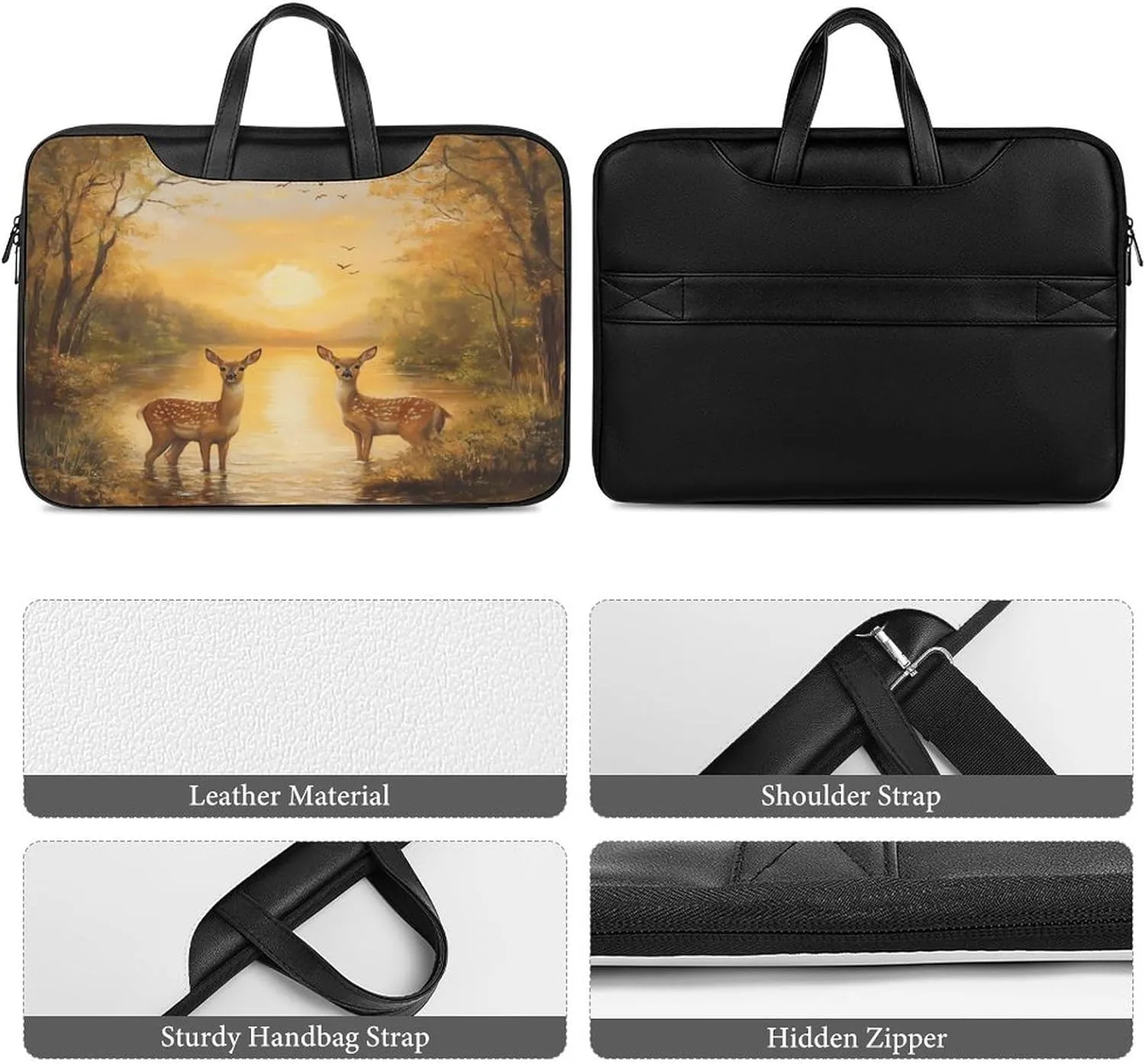 Autumn Deers at Sunset by The Lake Leather Laptop Case Computer Sleeve Bag with Zippered Tote for Men Women
