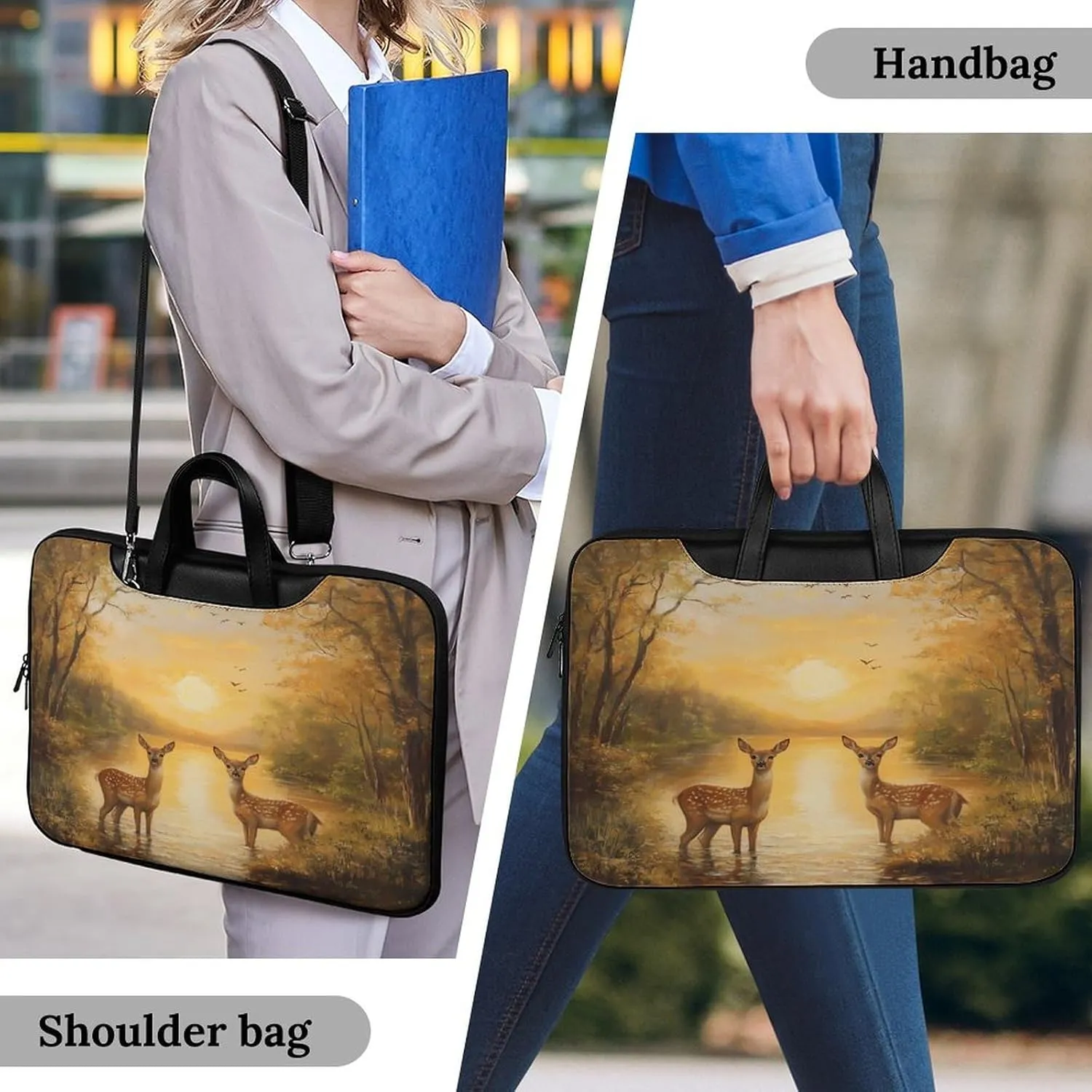 Autumn Deers at Sunset by The Lake Leather Laptop Case Computer Sleeve Bag with Zippered Tote for Men Women
