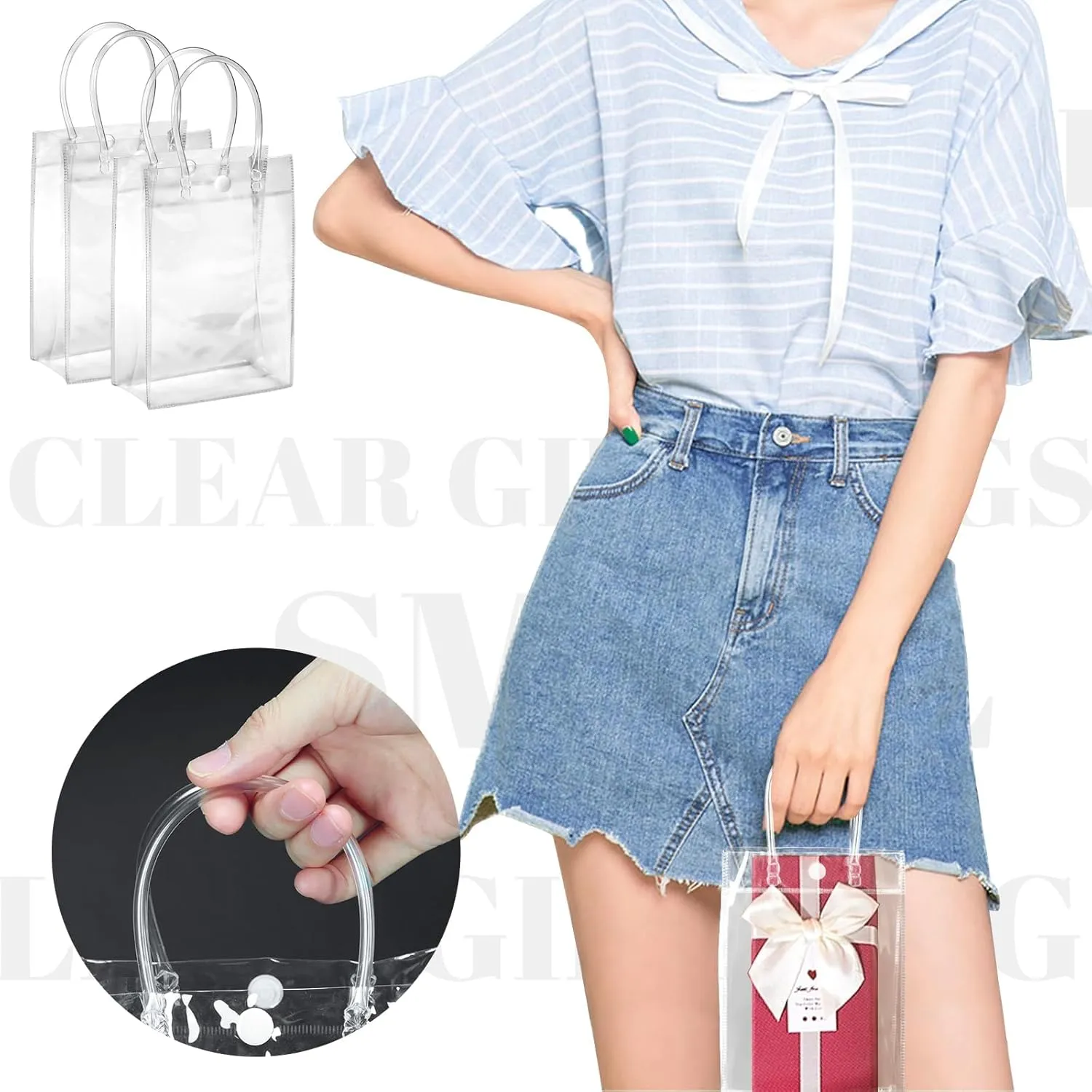 BadenBach 24 PCS Small Clear Gift Bags with Handle,5.1" x 7.5" x 2.8",Cute Transparent Plastic Gift Wrap Bags Reusable Clear Party Favor Goodie Bag for Boutique Wedding Birthday Party Mother's Day