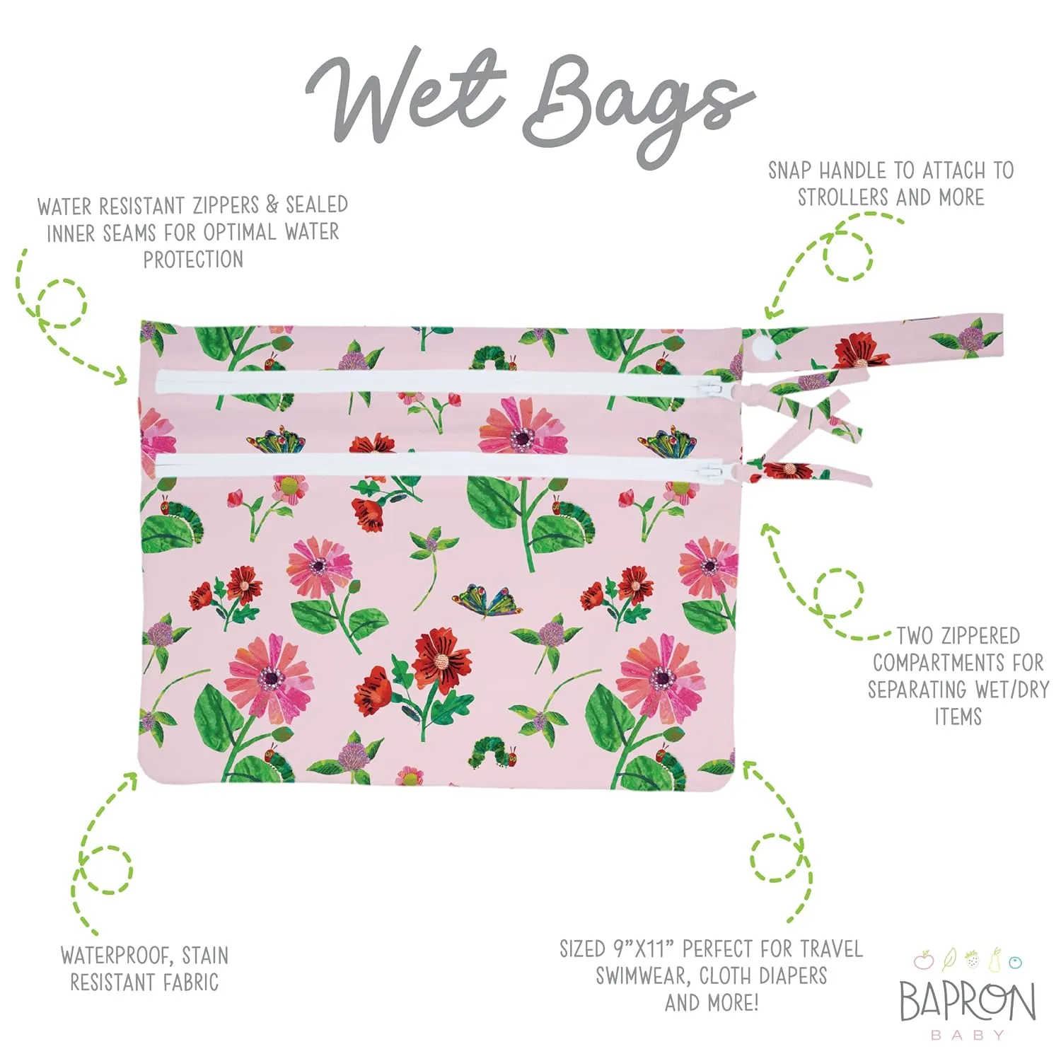 BapronBaby Eric Carle Pink Floral Caterpillar Wet Dry Bag - Waterproof Two Zipper Pockets - Reusable for Mealtime, Diapers, Stroller, Snacks, Swimsuits - Machine Washable - 11" x 9"