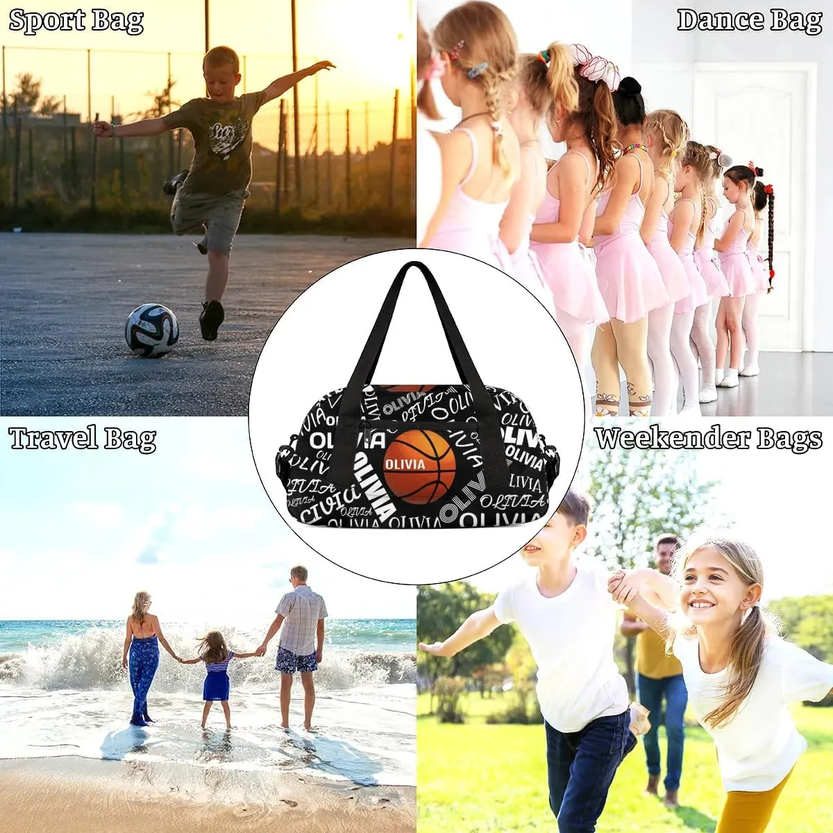 Basketball Custom Sport Gym Bag, Personalized Name Overnight Duffel Bag for Boys Girls Weekender Bags Carry On Training Bag, Black