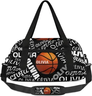 Basketball Custom Sport Gym Bag, Personalized Name Overnight Duffel Bag for Boys Girls Weekender Bags Carry On Training Bag, Black