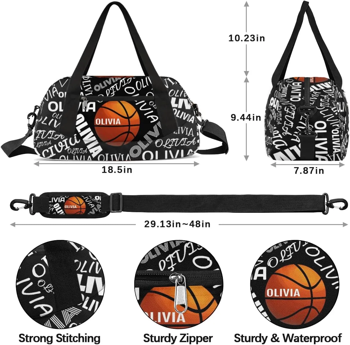Basketball Custom Sport Gym Bag, Personalized Name Overnight Duffel Bag for Boys Girls Weekender Bags Carry On Training Bag, Black