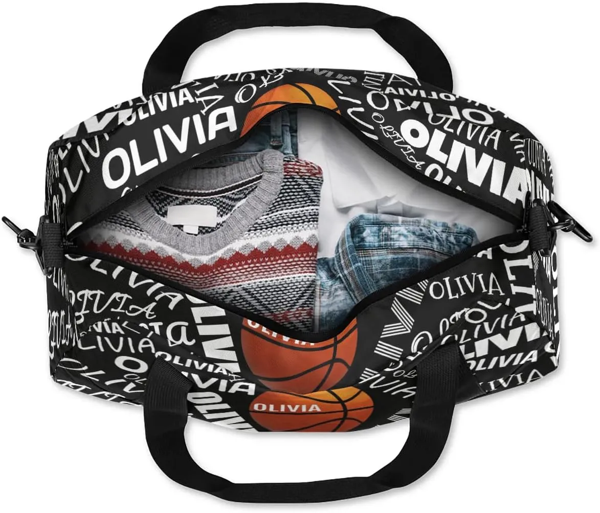 Basketball Custom Sport Gym Bag, Personalized Name Overnight Duffel Bag for Boys Girls Weekender Bags Carry On Training Bag, Black