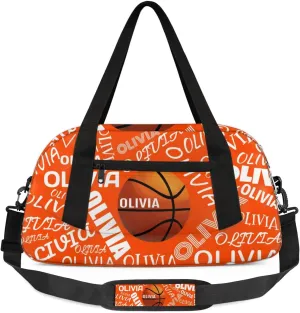 Basketball Custom Sport Gym Bag, Personalized Name Overnight Duffel Bag for Boys Girls Weekender Bags Carry On Training Bag, Orange