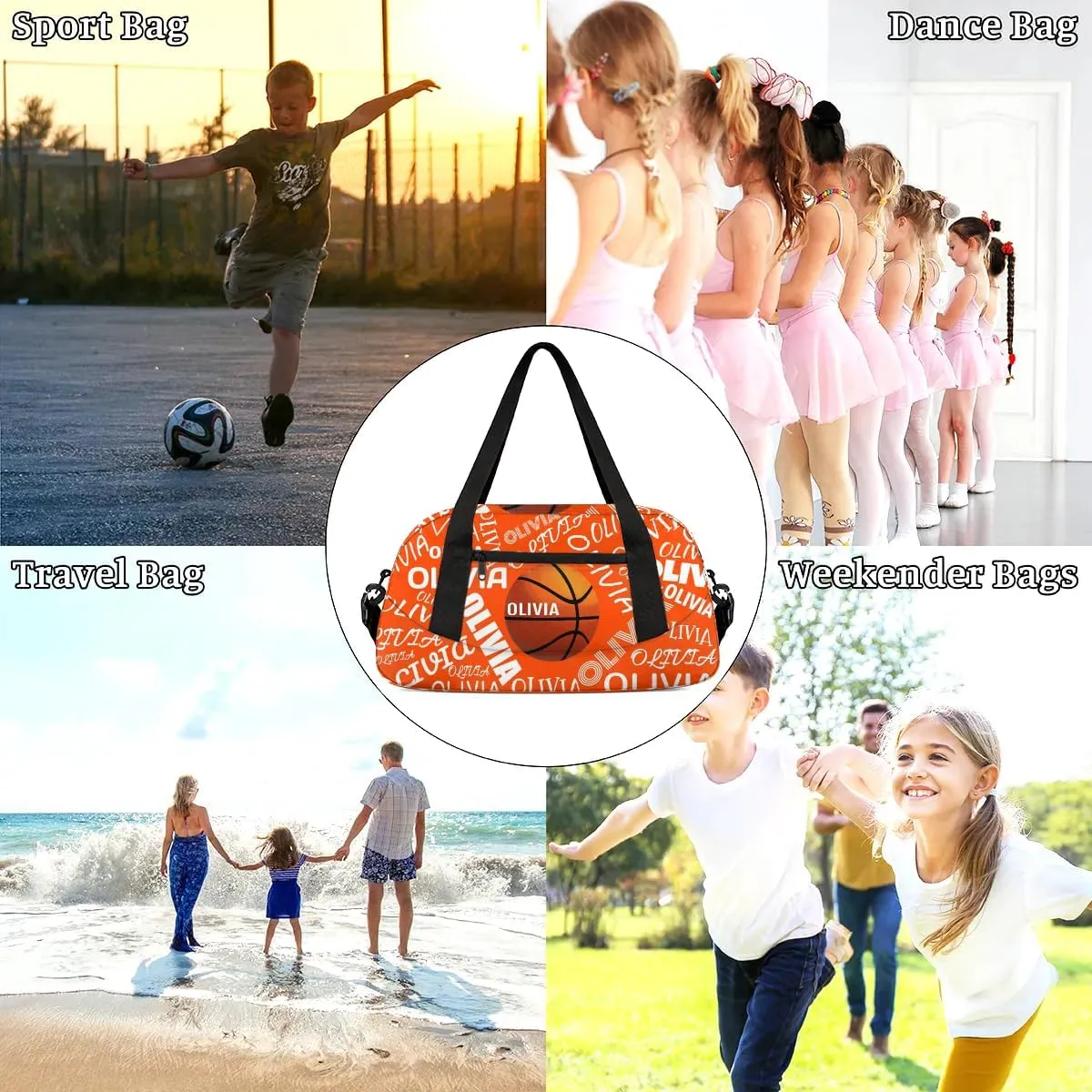 Basketball Custom Sport Gym Bag, Personalized Name Overnight Duffel Bag for Boys Girls Weekender Bags Carry On Training Bag, Orange