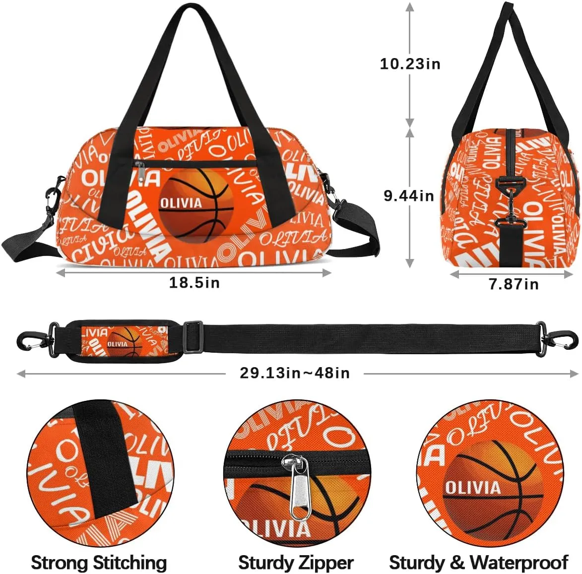 Basketball Custom Sport Gym Bag, Personalized Name Overnight Duffel Bag for Boys Girls Weekender Bags Carry On Training Bag, Orange