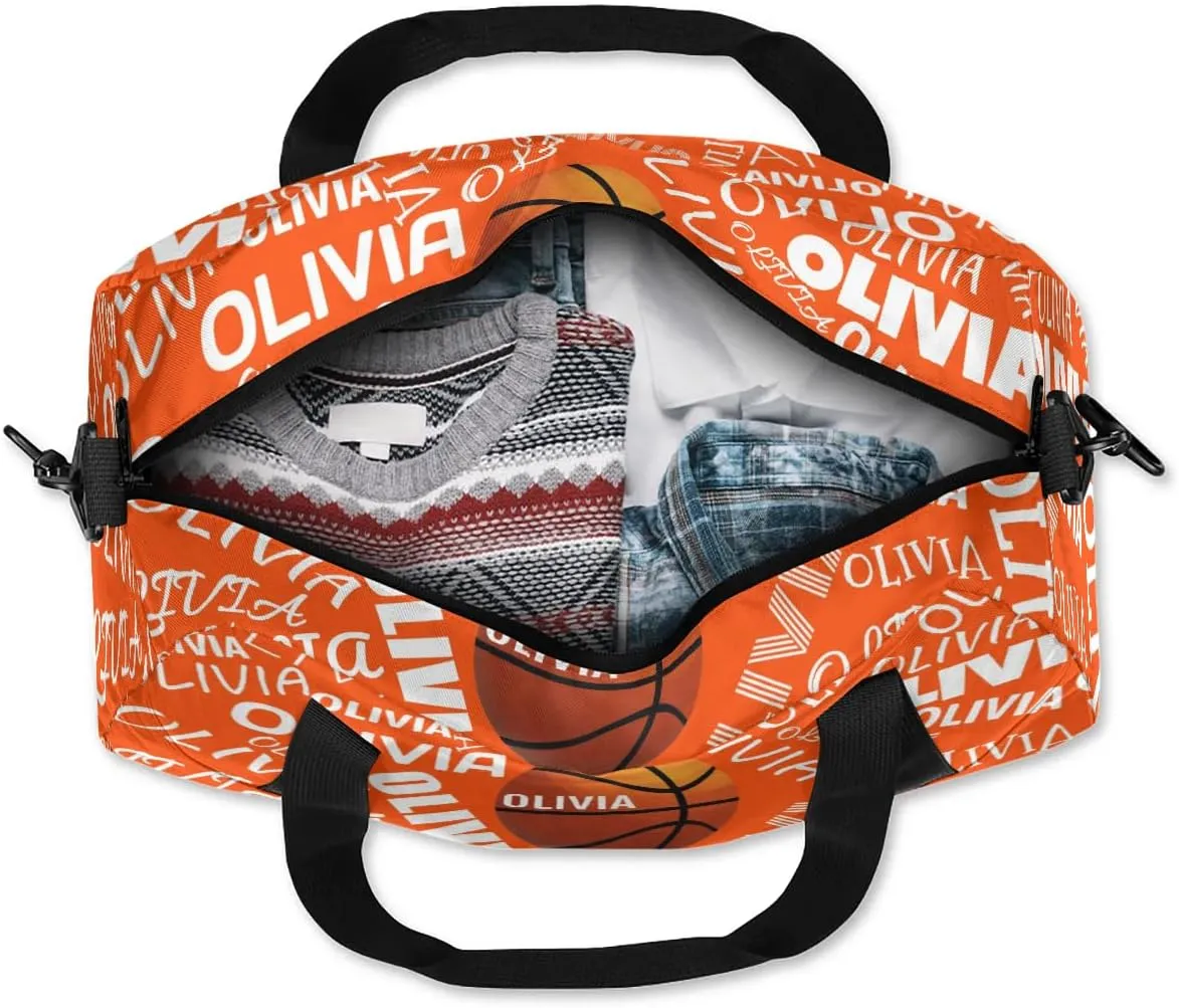 Basketball Custom Sport Gym Bag, Personalized Name Overnight Duffel Bag for Boys Girls Weekender Bags Carry On Training Bag, Orange