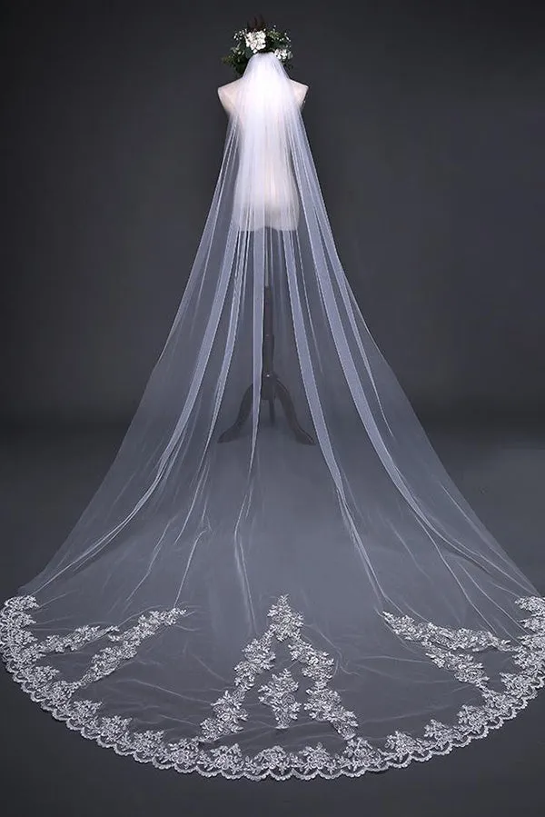 Beautiful Lace Appliques Tulle Long Wedding Veil