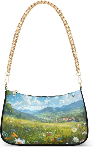 Beautiful Meadow Pattern Shoulder Bag for Women, Handbag with Chain Strap, Soft Purse Tote Bag for Ladies