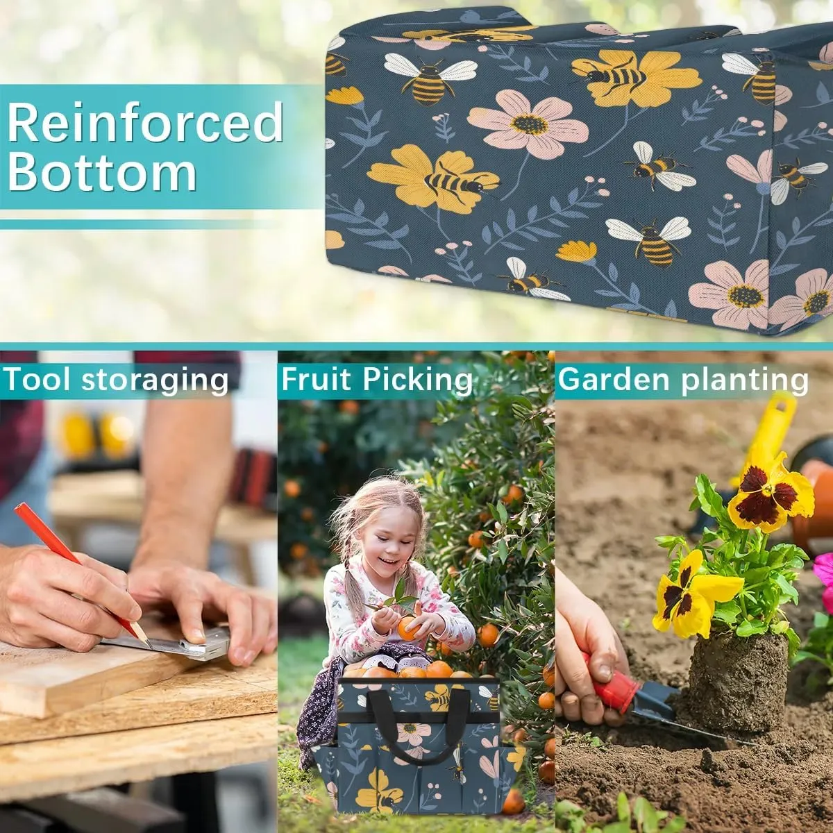 Bee Flower Garden Tool Bag Tote, Oxford Tool Bags Heavy Duty, Portable Gardening Tool Storage with Pockets & Handle,Multi-Pocket Tool Organizer Bag for Outdoor Garden Lawn Yard(Style 2)