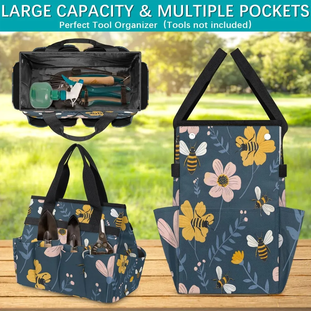 Bee Flower Garden Tool Bag Tote, Oxford Tool Bags Heavy Duty, Portable Gardening Tool Storage with Pockets & Handle,Multi-Pocket Tool Organizer Bag for Outdoor Garden Lawn Yard(Style 2)