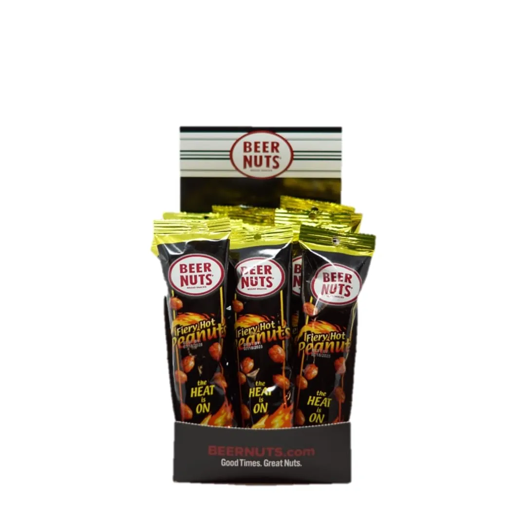 BEER NUTS Individual Tube Bags Display, Sweet & Salty Bar Nuts - Gluten Free, Kosher, Low Sodium Peanut Snacks Made In The USA (12 Pack) (12 Count, Fiery Hot Peanuts)