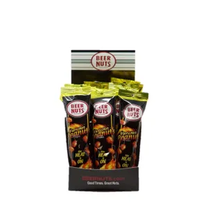 BEER NUTS Individual Tube Bags Display, Sweet & Salty Bar Nuts - Gluten Free, Kosher, Low Sodium Peanut Snacks Made In The USA (12 Pack) (12 Count, Fiery Hot Peanuts)