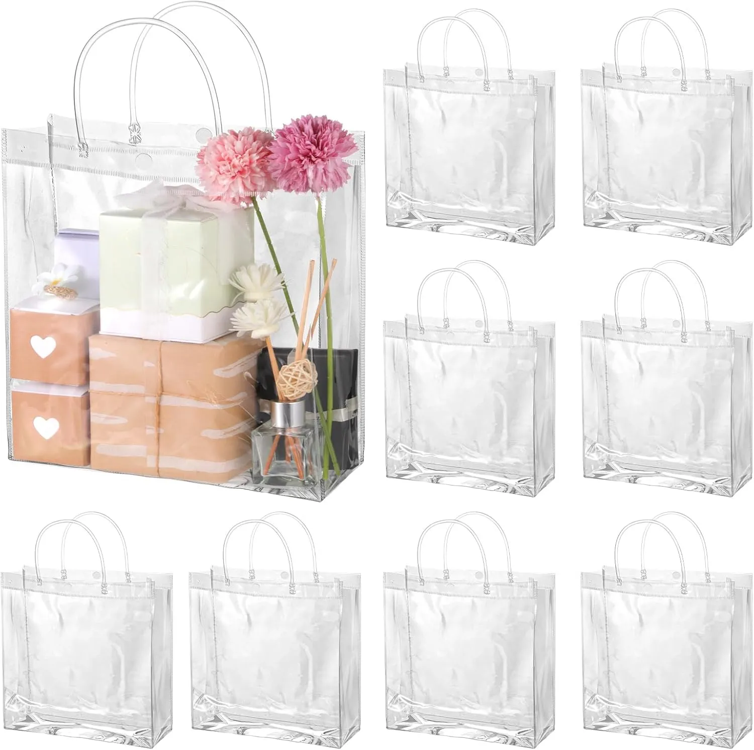 BESARME 30 Pack 9.8" x 9.8" x 3.5" Clear Gift Bags, Reusable Large Gift Wrap Tote Clear Bags with Handle for Gifts Wedding Party Favors