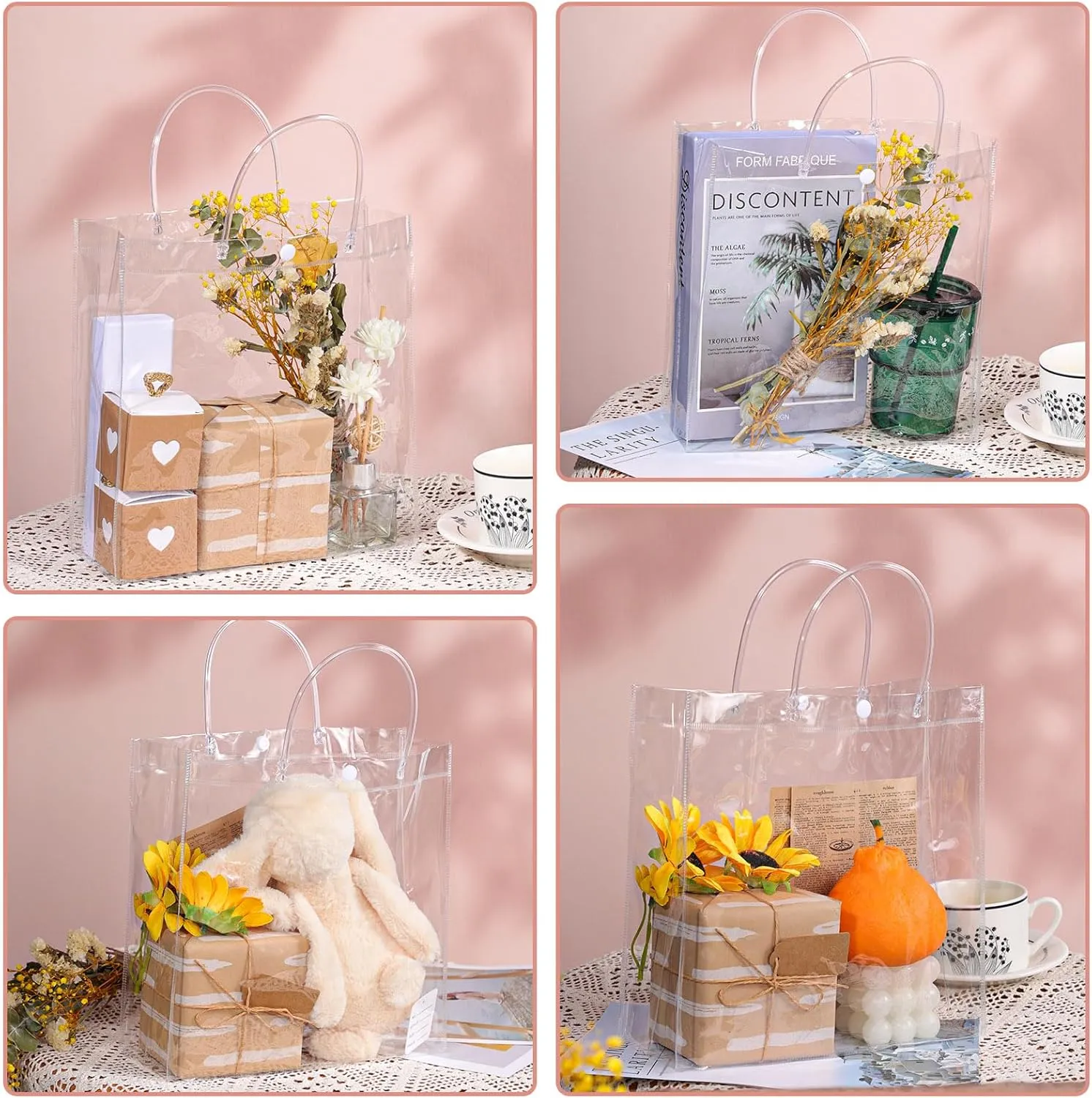 BESARME 30 Pack 9.8" x 9.8" x 3.5" Clear Gift Bags, Reusable Large Gift Wrap Tote Clear Bags with Handle for Gifts Wedding Party Favors