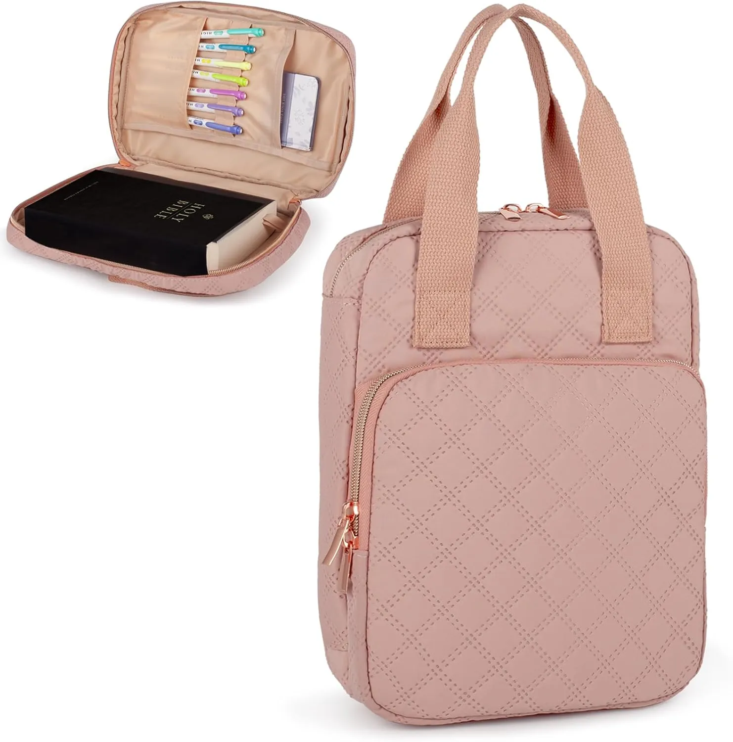 Bible Cover for Women, Bible Case with Handles,Carrying Bible Bag Scripture Case Church Bag Bible Protective with a Zippered Front Pocket & Velcro Back Pocket