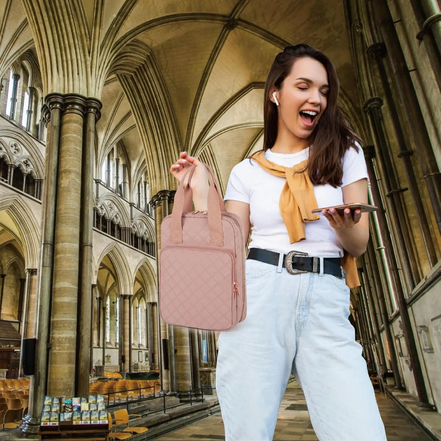 Bible Cover for Women, Bible Case with Handles,Carrying Bible Bag Scripture Case Church Bag Bible Protective with a Zippered Front Pocket & Velcro Back Pocket