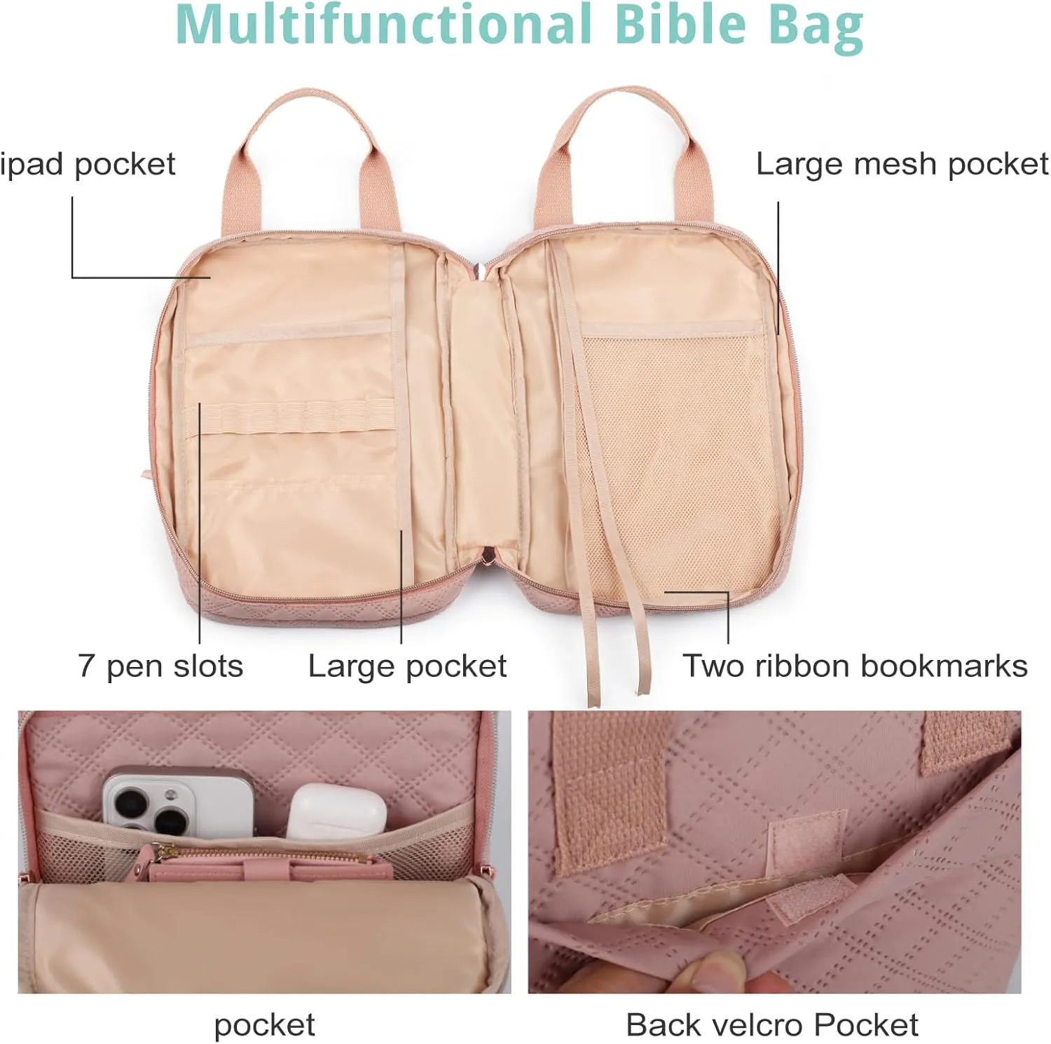Bible Cover for Women, Bible Case with Handles,Carrying Bible Bag Scripture Case Church Bag Bible Protective with a Zippered Front Pocket & Velcro Back Pocket