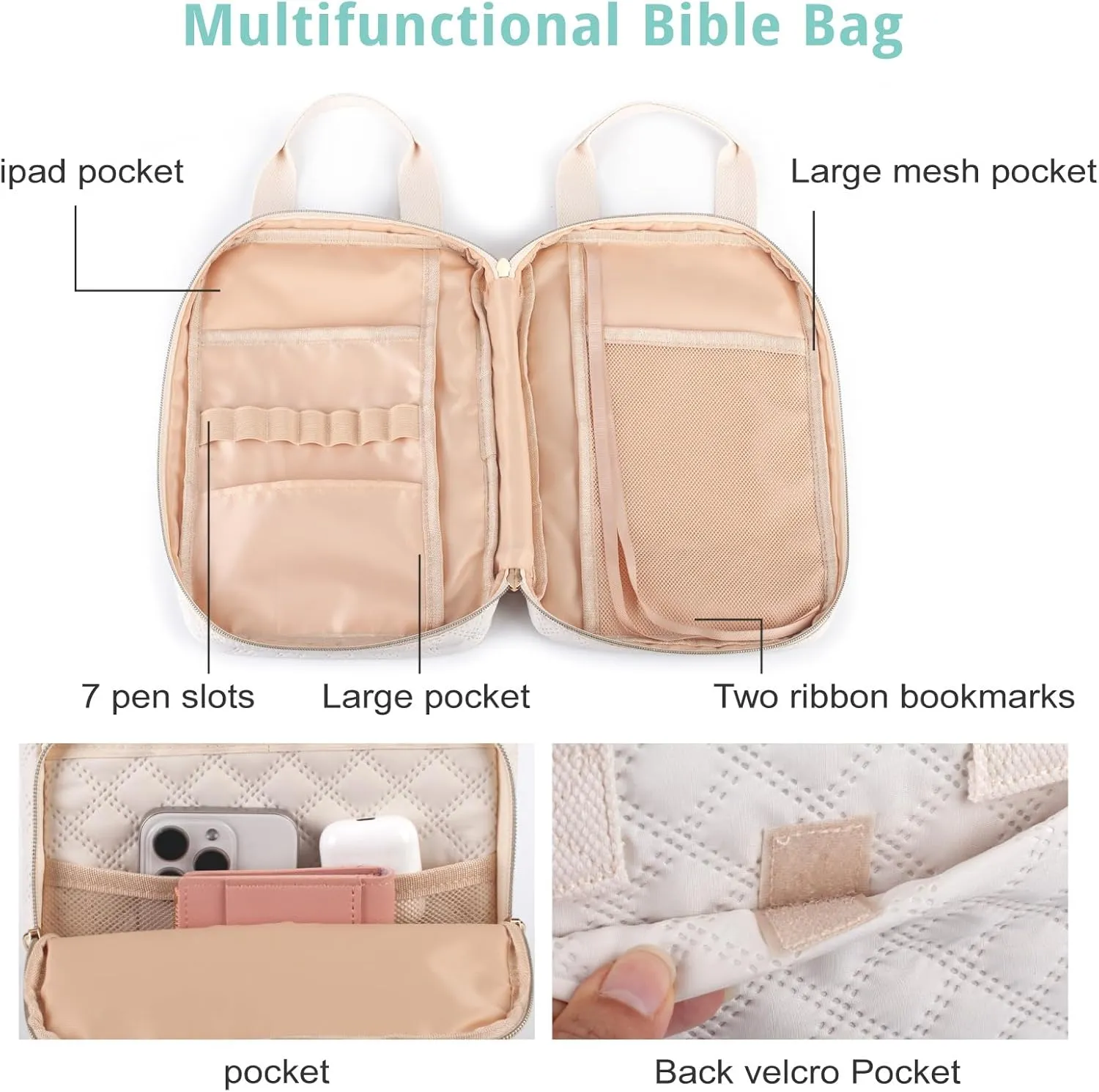 Bible Cover for Women, Bible Case,Carrying Bible Bag Scripture Case Church Bag Bible Protective with Font & Back Zippered Pocket