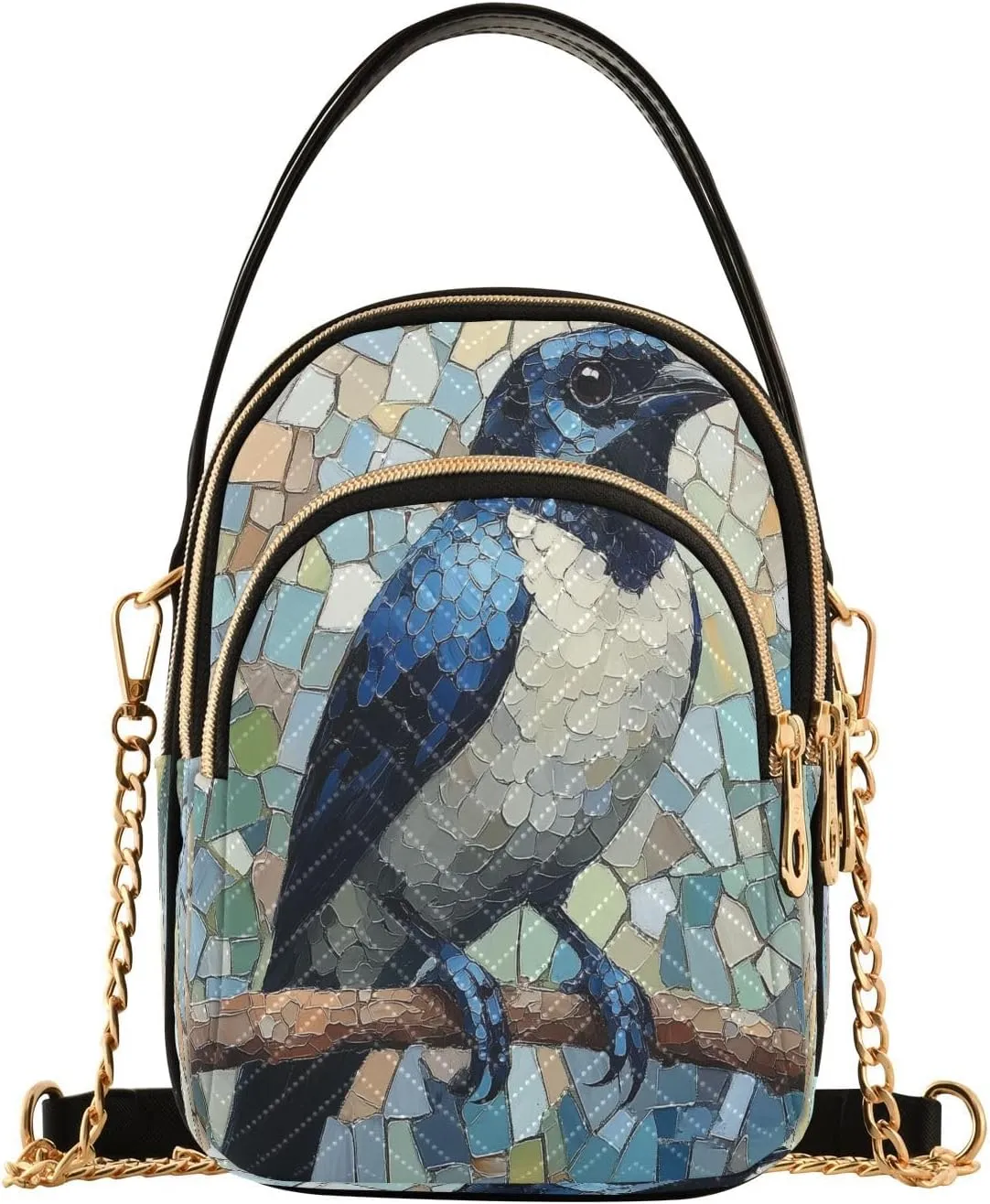 Bird Mosaic Painting Women Trendy Quilted Crossbody Bag Sling Bags Handbags with Chain Strap Travel Cross Body Cell Phone Purses Bags
