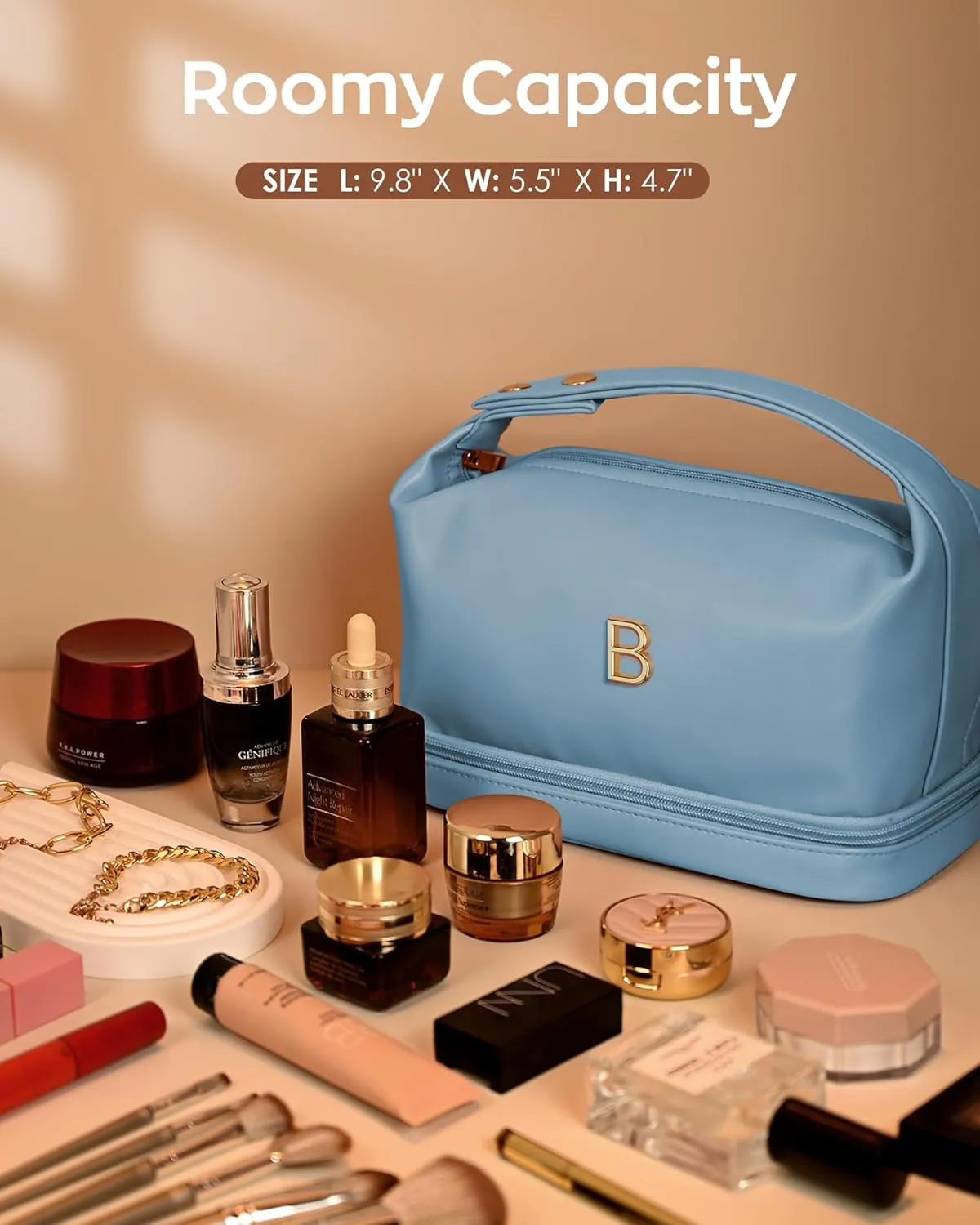 Birthday Gift for Her, Teen Girl Gifts Trendy Stuff, Makeup Bags for Women with Handle, Initial Double Layer Cosmetic Bag with Makeup Brush Organizer,Teacher Gifts, Gifts for Friends Female