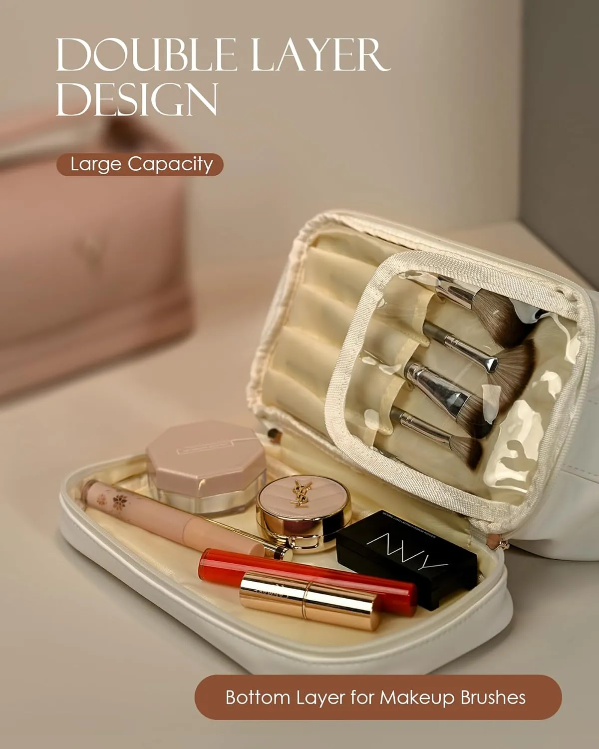 Birthday Gift for Her, Teen Girl Gifts Trendy Stuff, Makeup Bags for Women with Handle, Initial Double Layer Cosmetic Bag with Makeup Brush Organizer,Teacher Gifts, Gifts for Friends Female