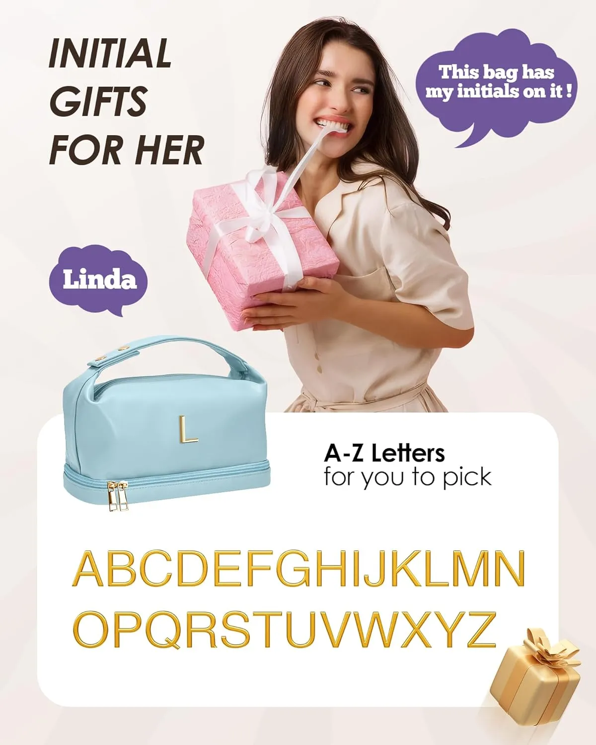Birthday Gift for Her, Teen Girl Gifts Trendy Stuff, Makeup Bags for Women with Handle, Initial Double Layer Cosmetic Bag with Makeup Brush Organizer,Teacher Gifts, Gifts for Friends Female