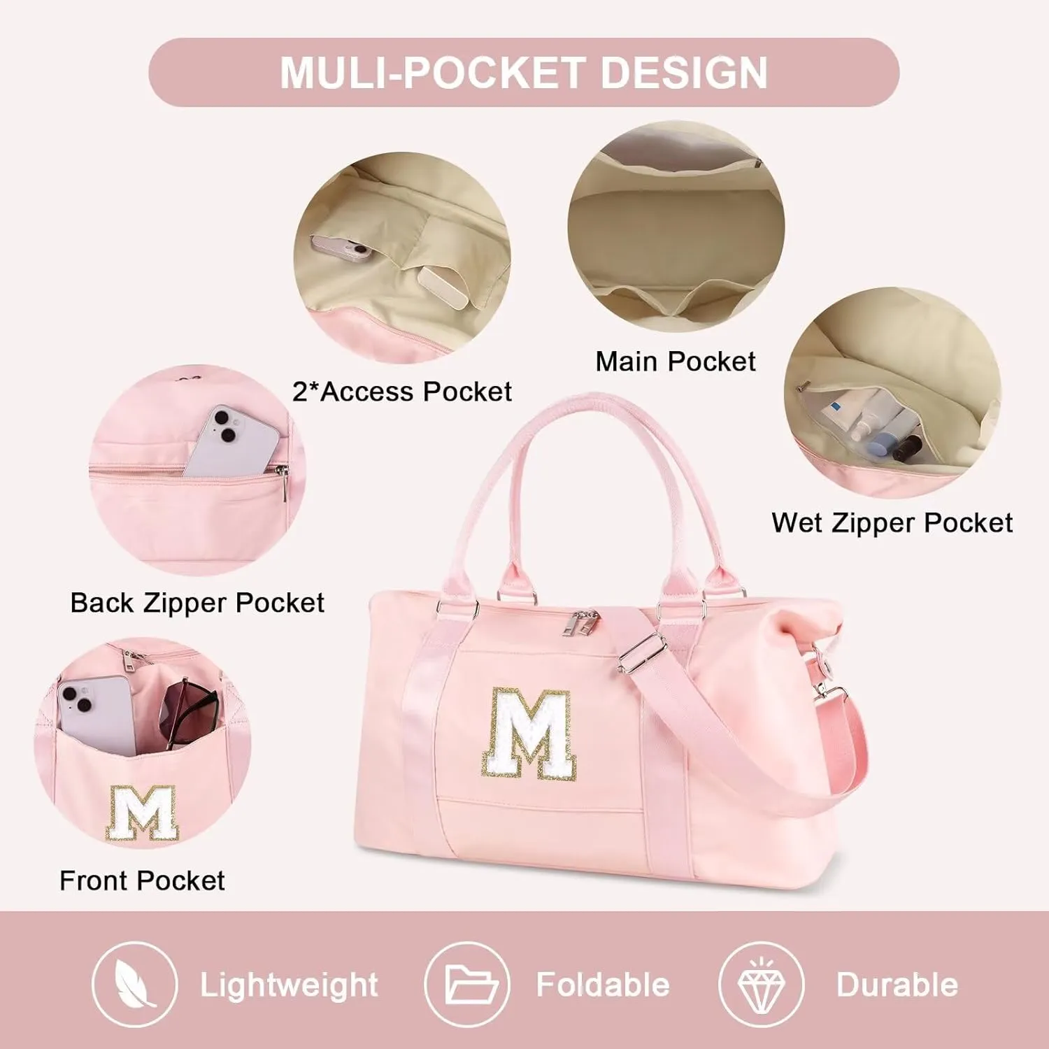 Birthday Gifts for Daughter,Initial Travel Duffel Bag for Teen Girls,Personalized Weekender Bag Cute Overnight Carry on Duffle Bags for Girl Women Gifts with Adjustable Strap(pink-M)