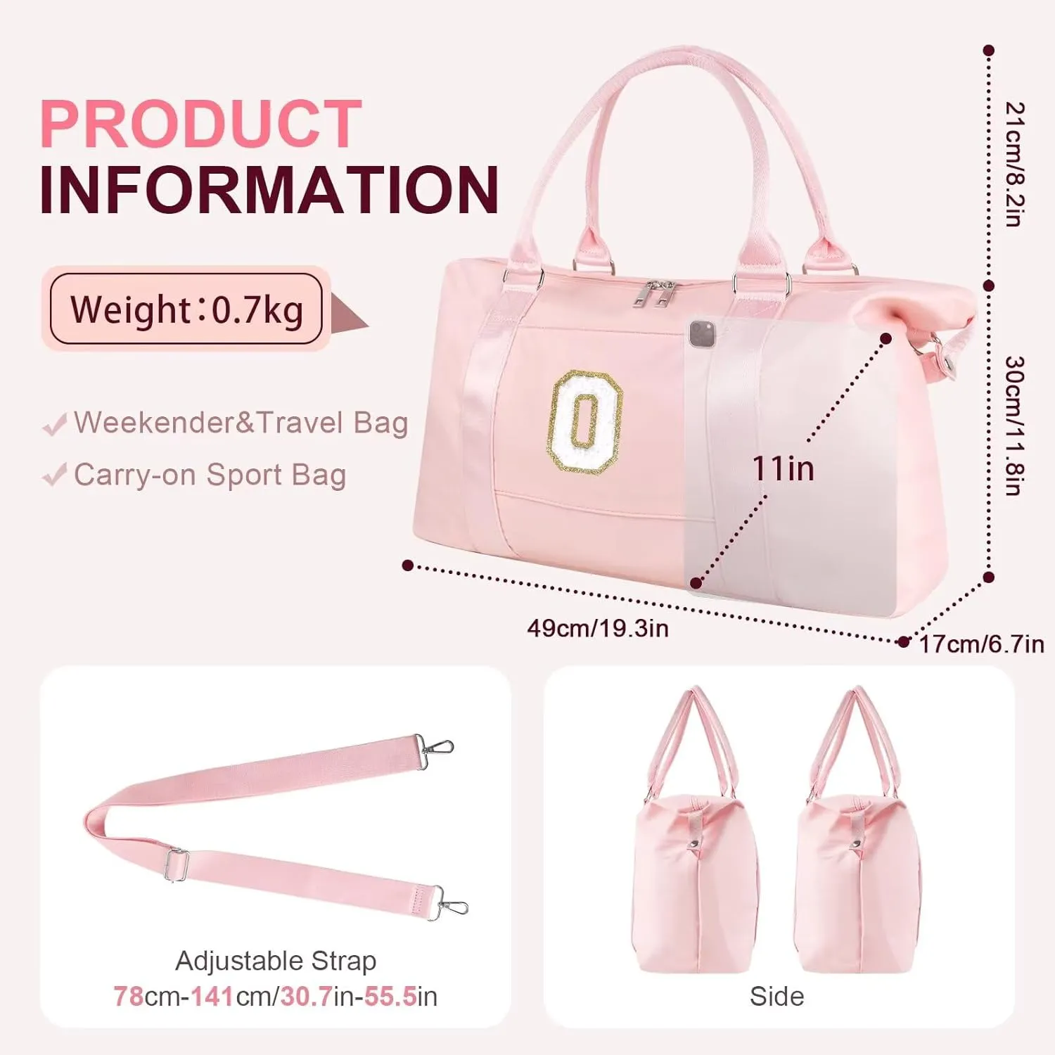 Birthday Gifts for Daughter,Initial Travel Duffel Bag for Teen Girls,Personalized Weekender Bag Cute Overnight Carry on Duffle Bags for Girl Women Gifts with Adjustable Strap(pink-O)