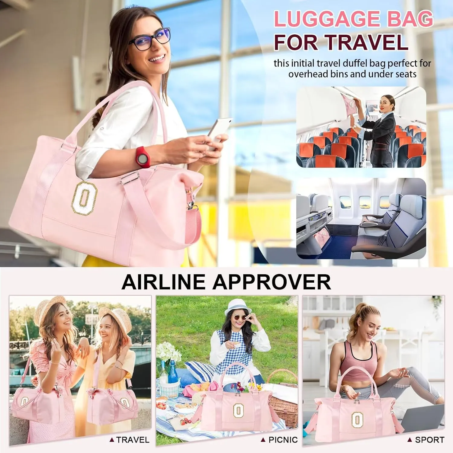 Birthday Gifts for Daughter,Initial Travel Duffel Bag for Teen Girls,Personalized Weekender Bag Cute Overnight Carry on Duffle Bags for Girl Women Gifts with Adjustable Strap(pink-O)