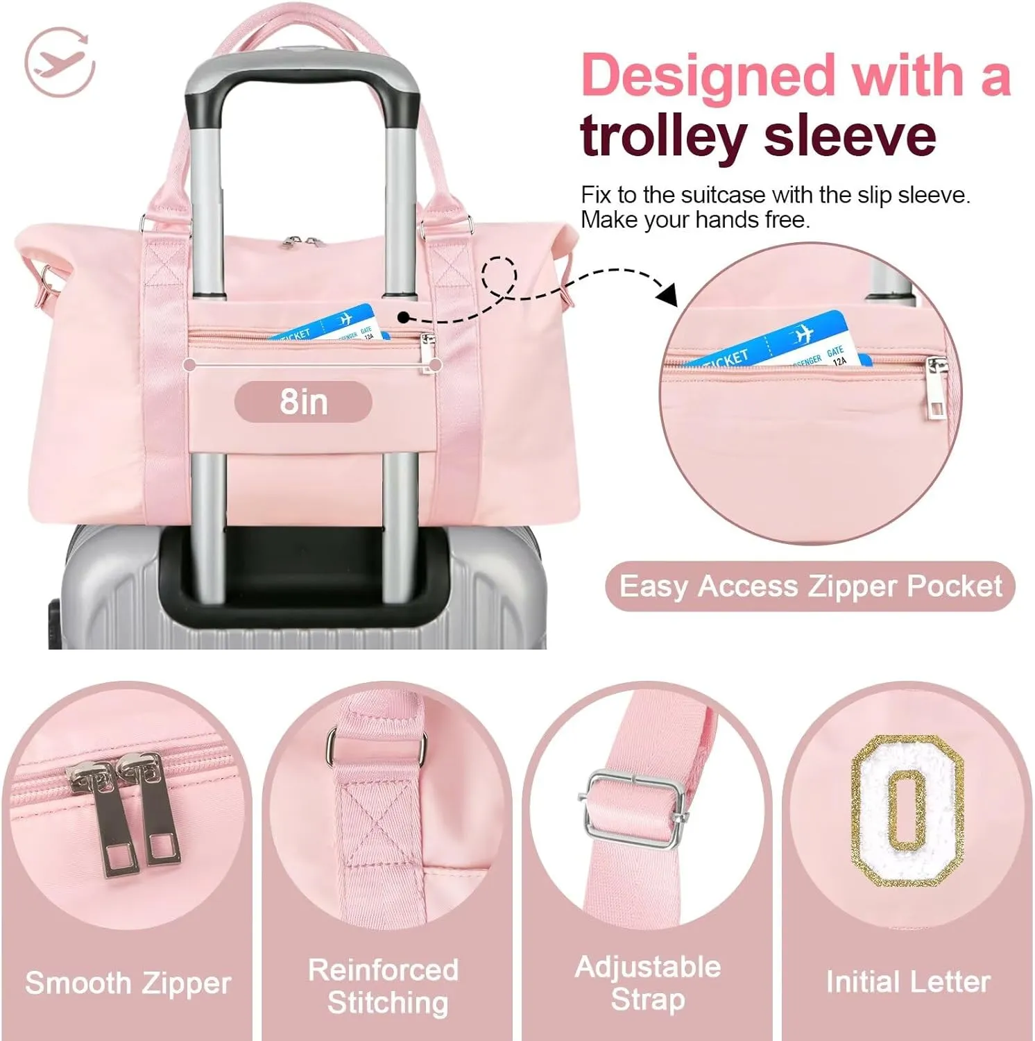 Birthday Gifts for Daughter,Initial Travel Duffel Bag for Teen Girls,Personalized Weekender Bag Cute Overnight Carry on Duffle Bags for Girl Women Gifts with Adjustable Strap(pink-O)