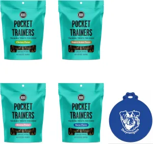 Bixbi Pocket Trainers Grain Free Dog Training 4-Flavor Treat Bundle: 1 Peanut Butter, 1 Bacon, 1 Chicken & 1 Salmon (4 Bags Total, 6 Ounces Each) Plus Shaynanigans Silicone Lid
