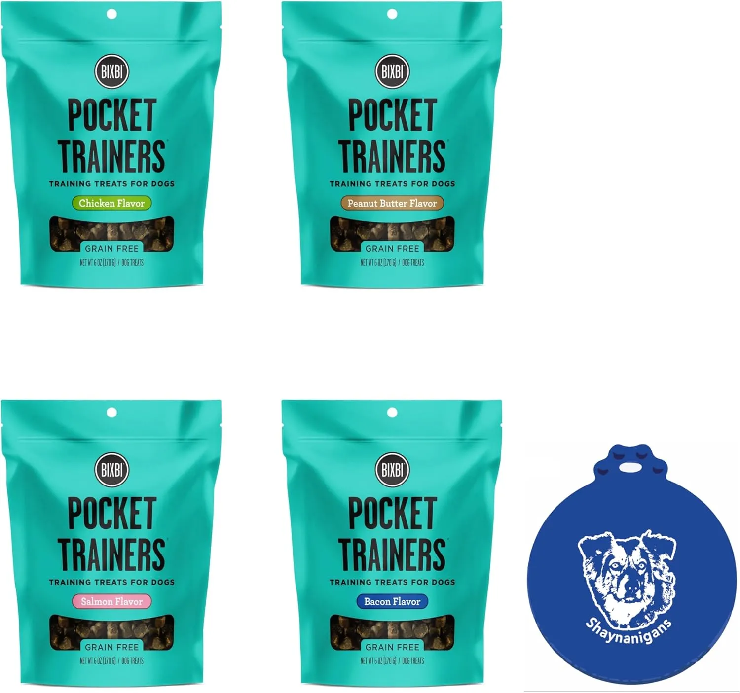 Bixbi Pocket Trainers Grain Free Dog Training 4-Flavor Treat Bundle: 1 Peanut Butter, 1 Bacon, 1 Chicken & 1 Salmon (4 Bags Total, 6 Ounces Each) Plus Shaynanigans Silicone Lid