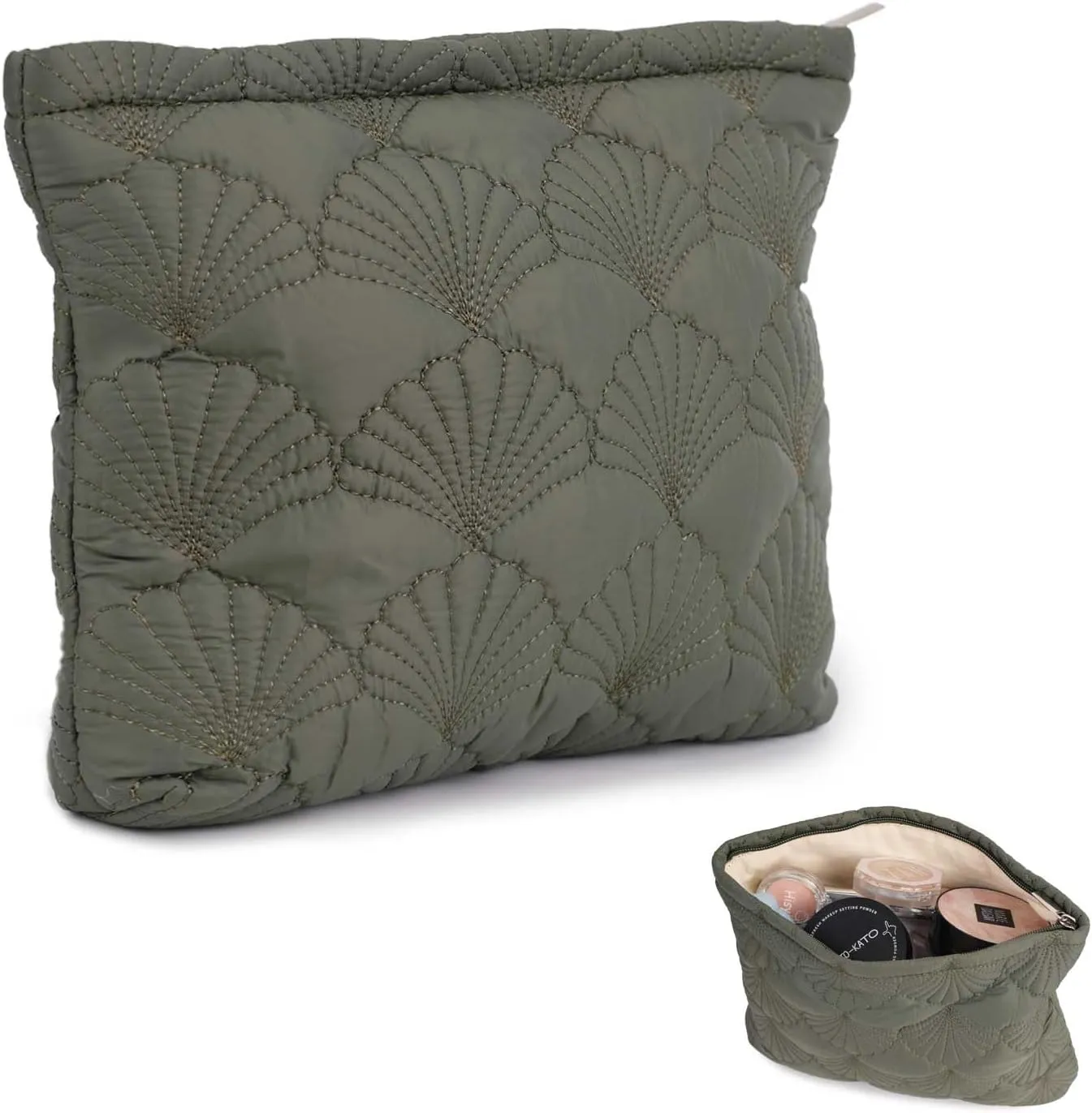 Blackish Green Quilted Makeup Bag, Cute Make Up Bag Organizer whith Shell Pattern, Cotton Cosmetic Bag for Women & Girls, Canvas Lined Pouch, Coquette Organizer purse(Green Shell Medium)