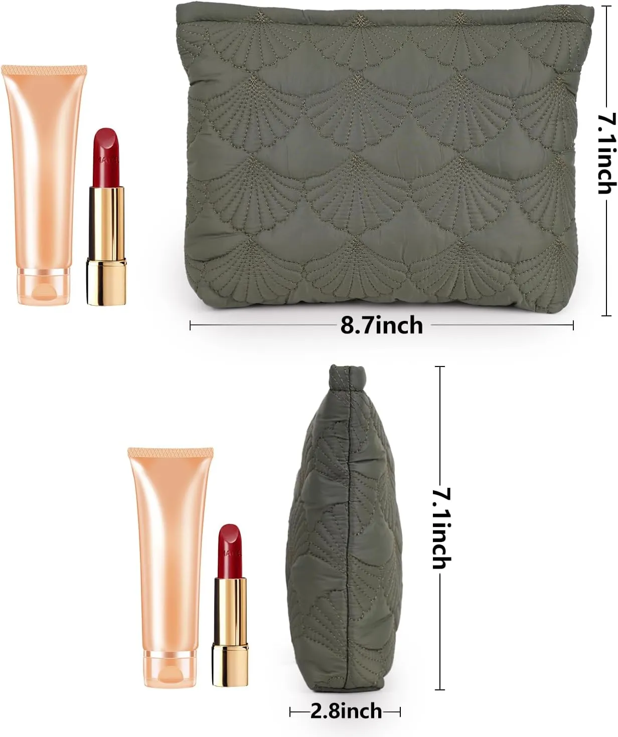 Blackish Green Quilted Makeup Bag, Cute Make Up Bag Organizer whith Shell Pattern, Cotton Cosmetic Bag for Women & Girls, Canvas Lined Pouch, Coquette Organizer purse(Green Shell Medium)