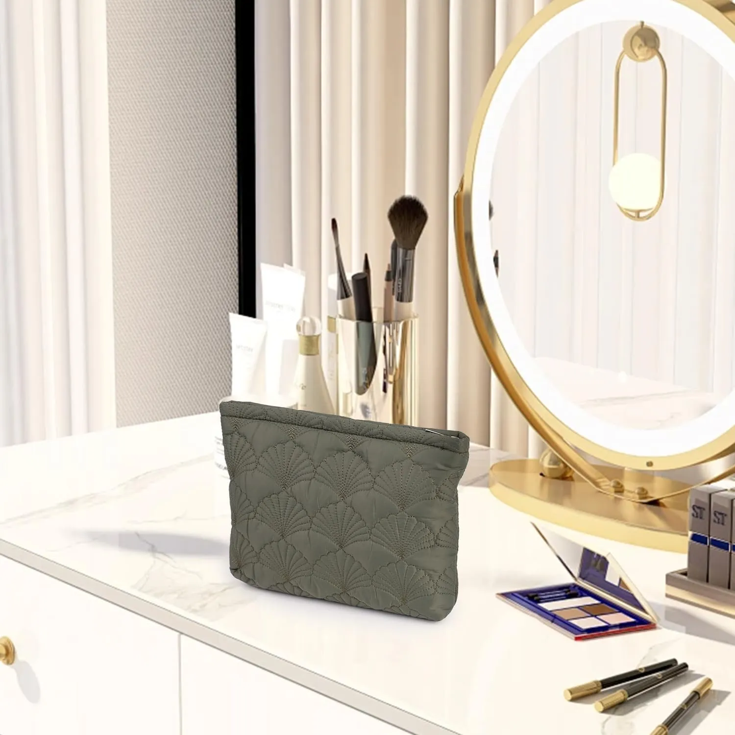 Blackish Green Quilted Makeup Bag, Cute Make Up Bag Organizer whith Shell Pattern, Cotton Cosmetic Bag for Women & Girls, Canvas Lined Pouch, Coquette Organizer purse(Green Shell Medium)