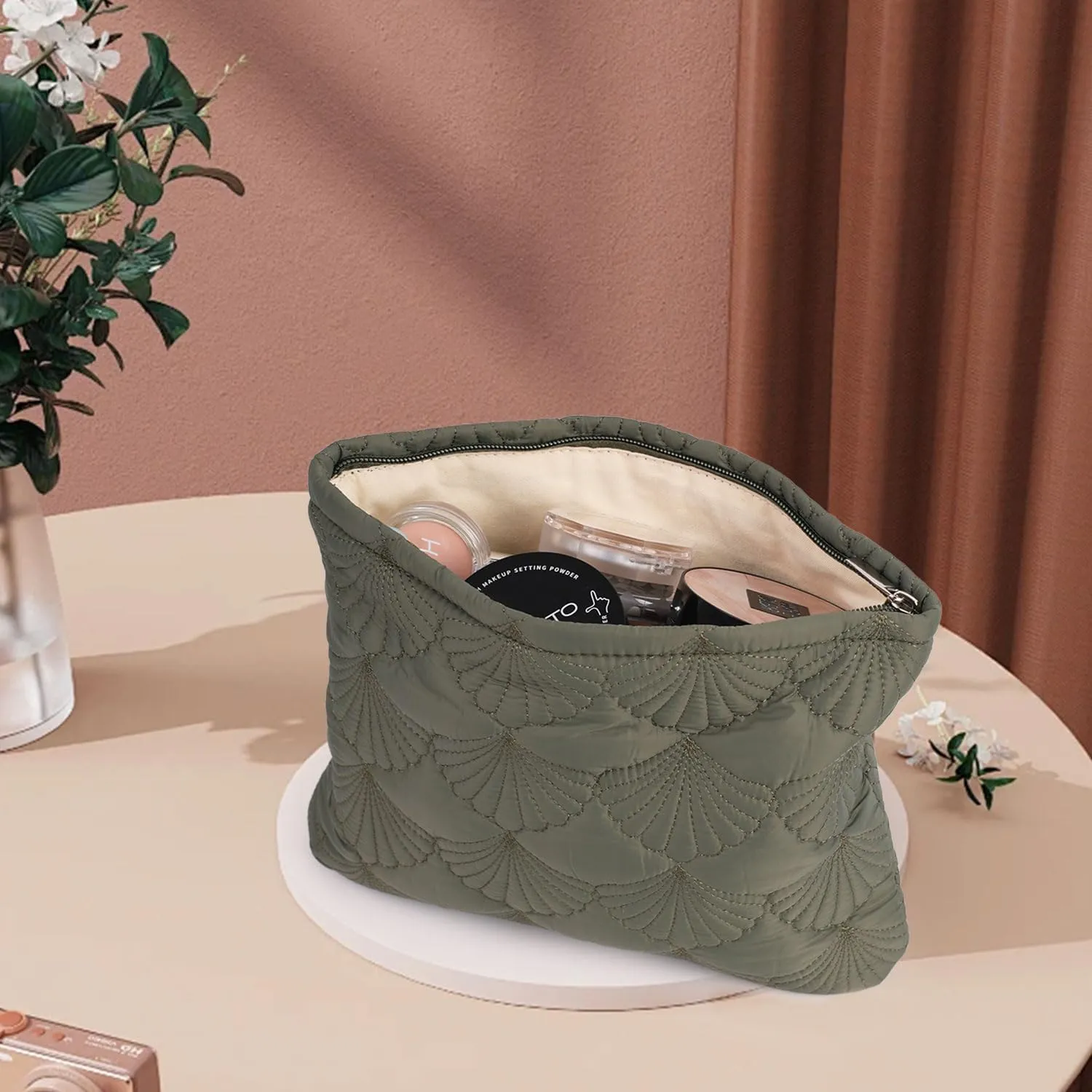 Blackish Green Quilted Makeup Bag, Cute Make Up Bag Organizer whith Shell Pattern, Cotton Cosmetic Bag for Women & Girls, Canvas Lined Pouch, Coquette Organizer purse(Green Shell Medium)