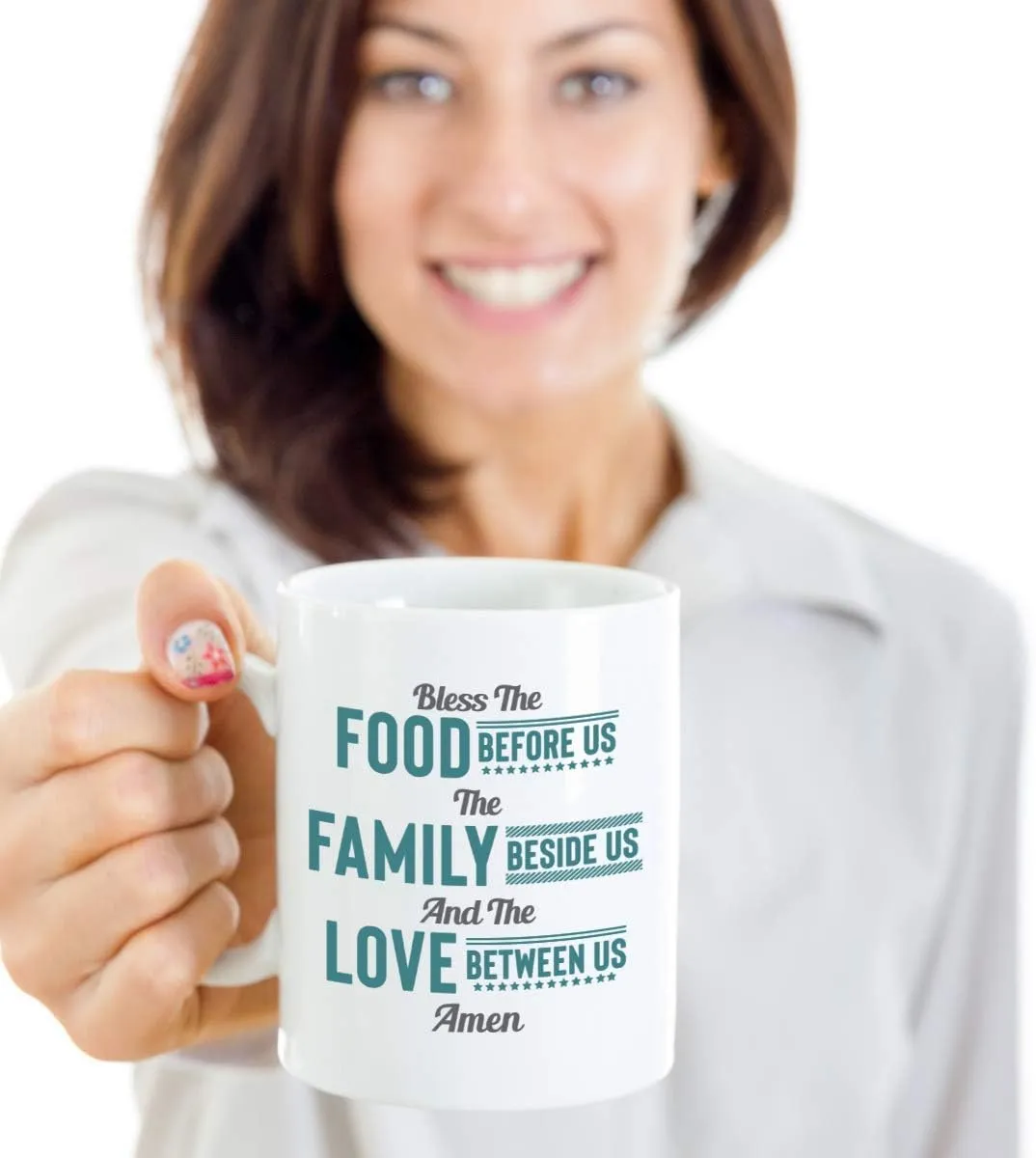 Bless The Food Before Us, The Family Beside Us And The Love Between Us. Christian Themed Coffee & Tea Mug, Utensils, Essentials, Supplies, Items And Accessories For Men & Women Cooks (15oz)