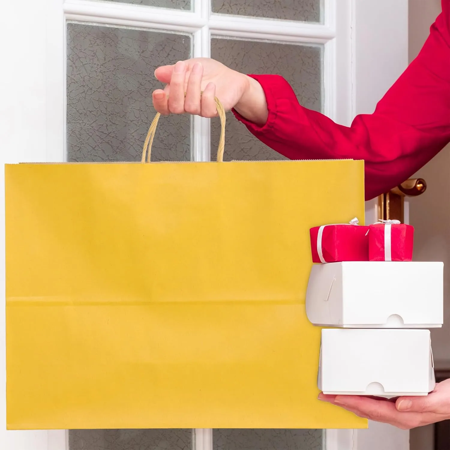 BLEWINDZ 50Pcs Kraft Paper Bags - Large Size 16x6x12 Inches Gift Bags with Handles Bulk – Yellow Goodie Bag Shopping Bag for Grocery Merchandise