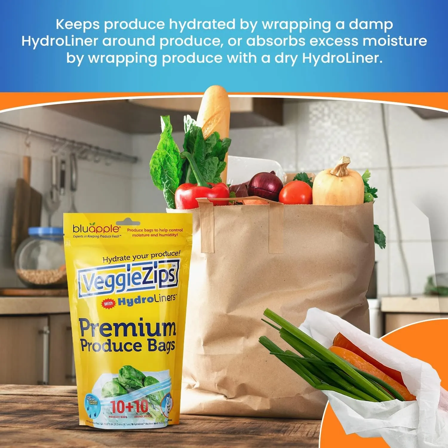 Bluapple VeggieZips Premium Produce Storage System - 40 Piece Set, 20 Food Saver Bags   20 HydroLiners, Keep Produce Fresh Longer, Washable & Reusable Bags with Humidity Control for Fruit & Vegetables